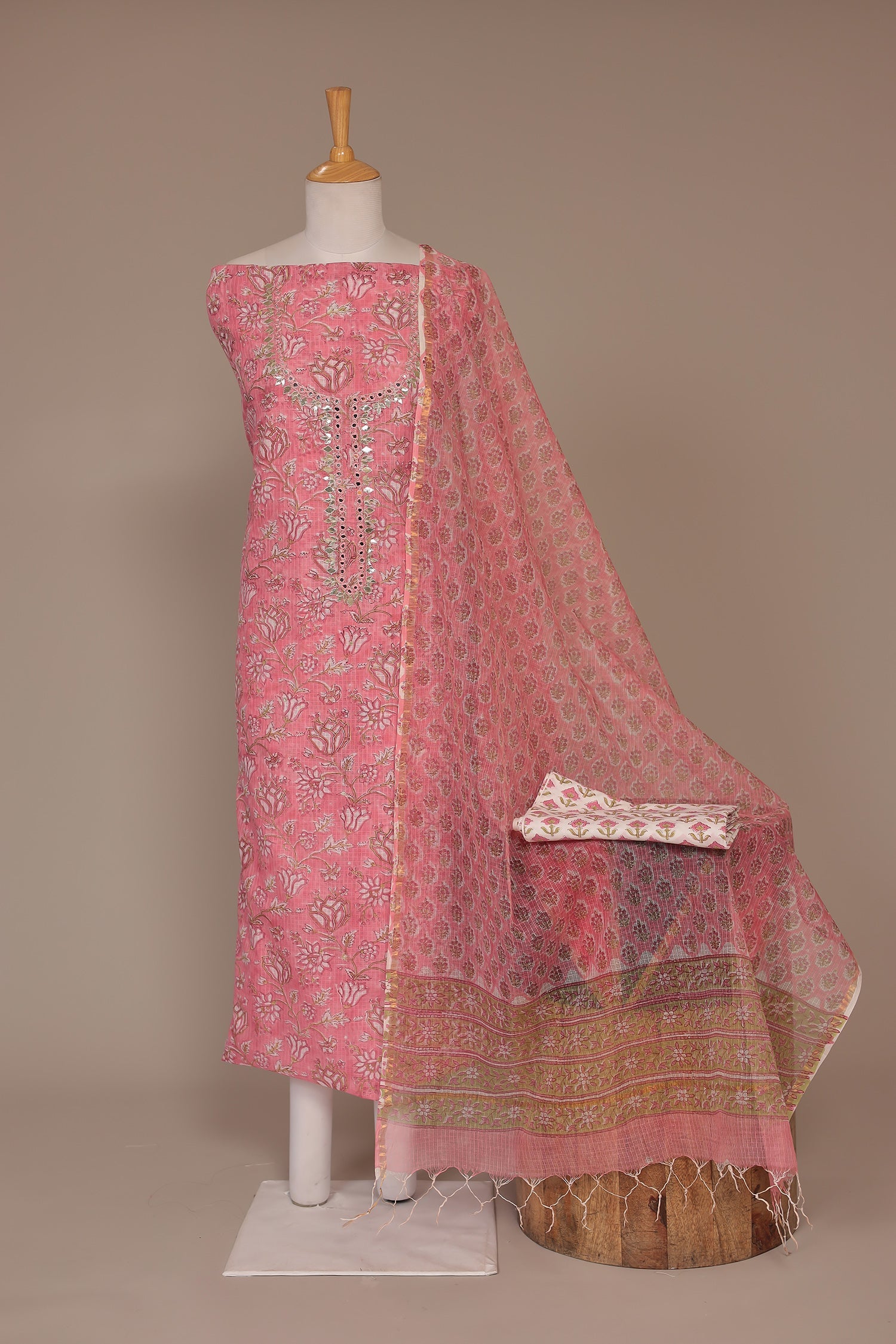 Printed Kota Doria Unstitched Suit with Gota Patti and Mirror work