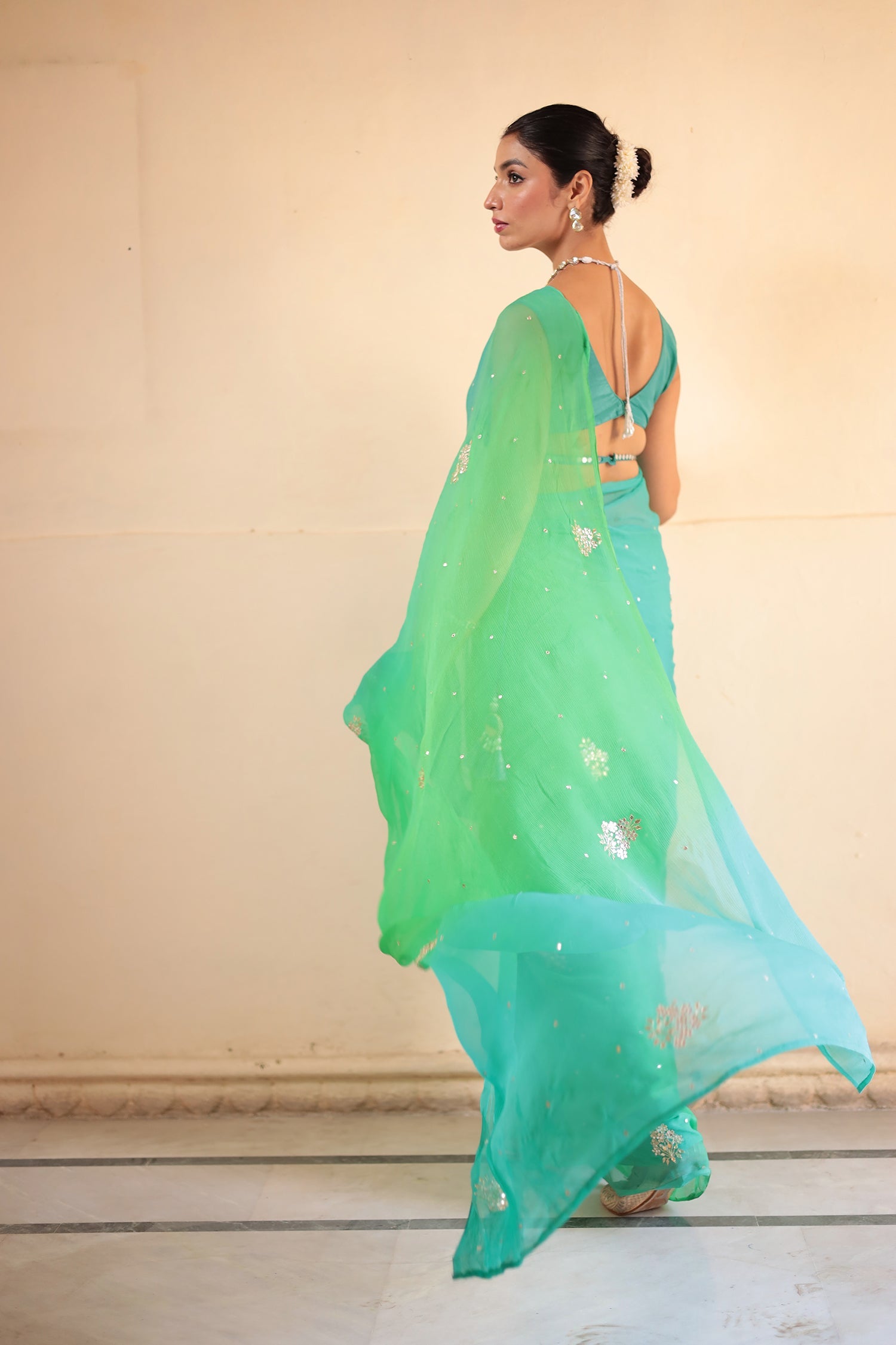 Chiffon Saree Embellished with Aari and Gota Patti work