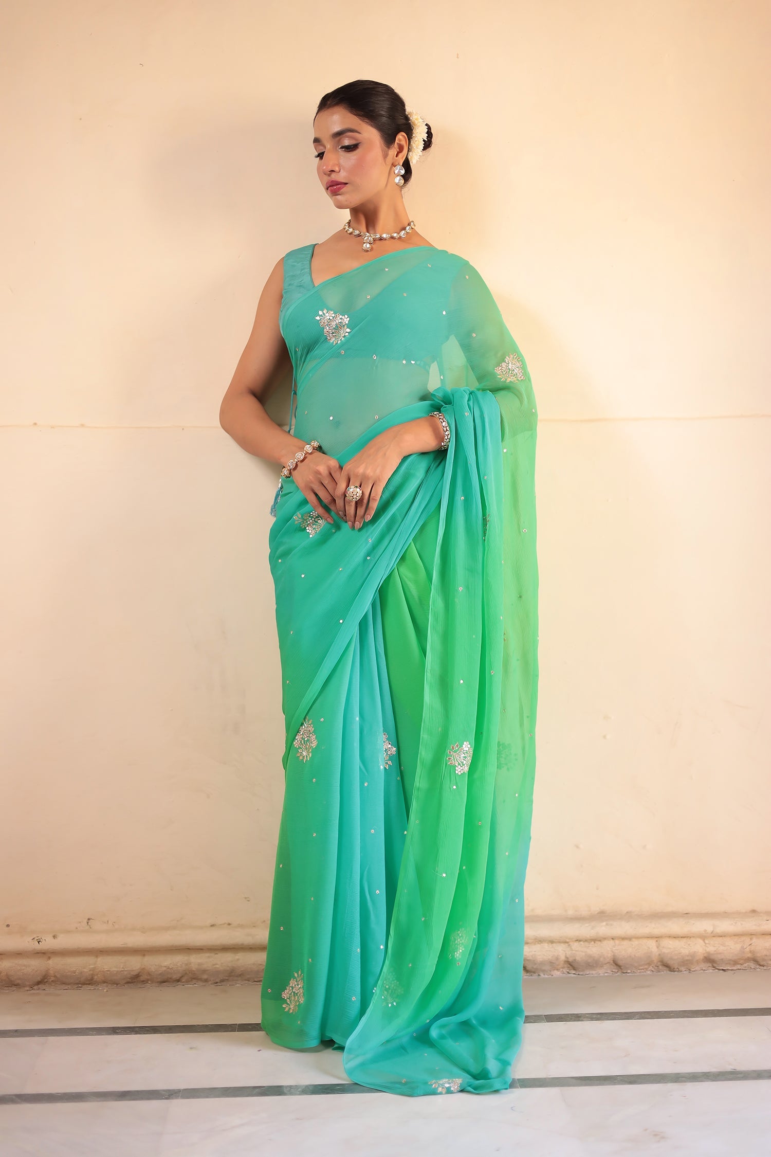 Chiffon Saree Embellished with Aari and Gota Patti work