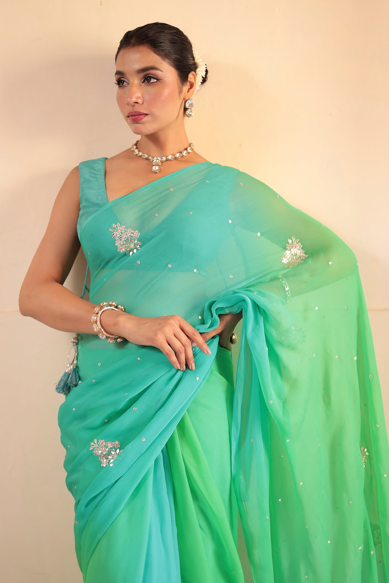 Chiffon Saree Embellished with Aari and Gota Patti work