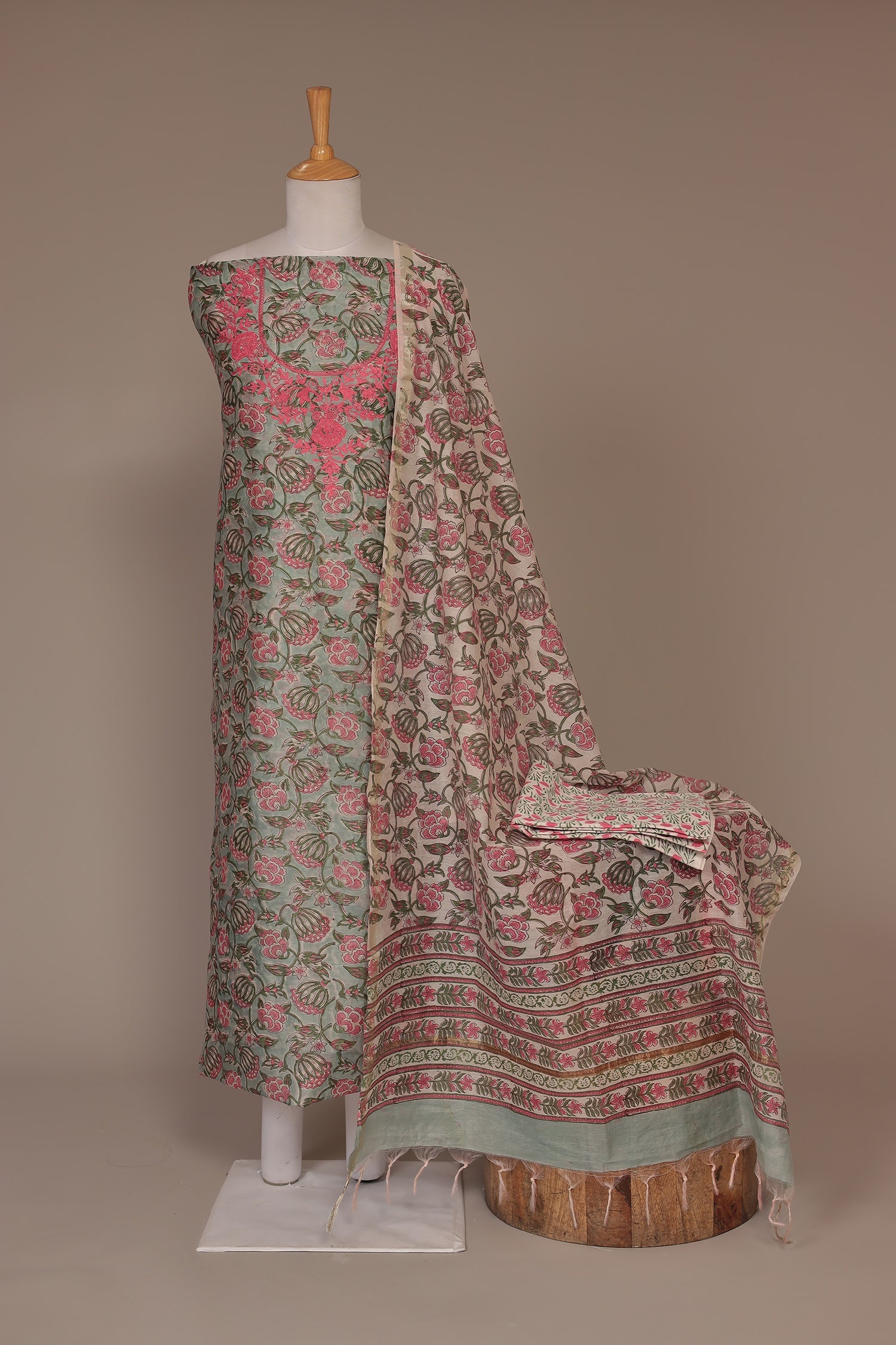 Printed Chanderi Unstitched Suit with Embroidered work