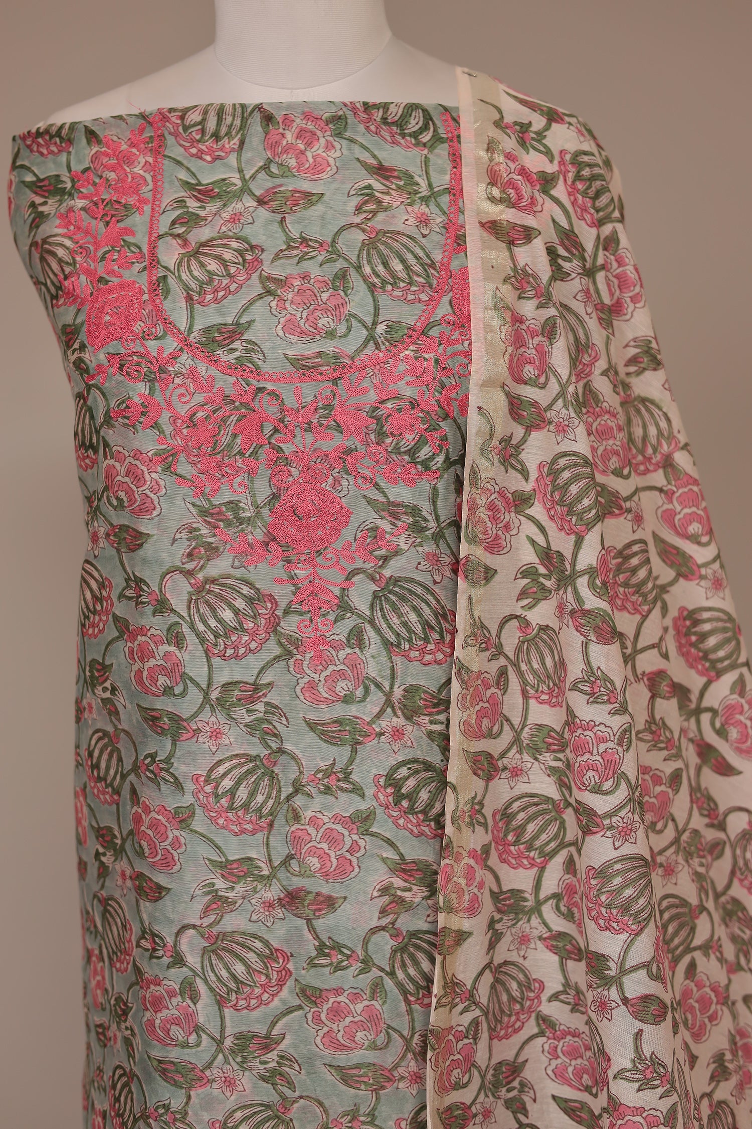 Printed Chanderi Unstitched Suit with Embroidered work