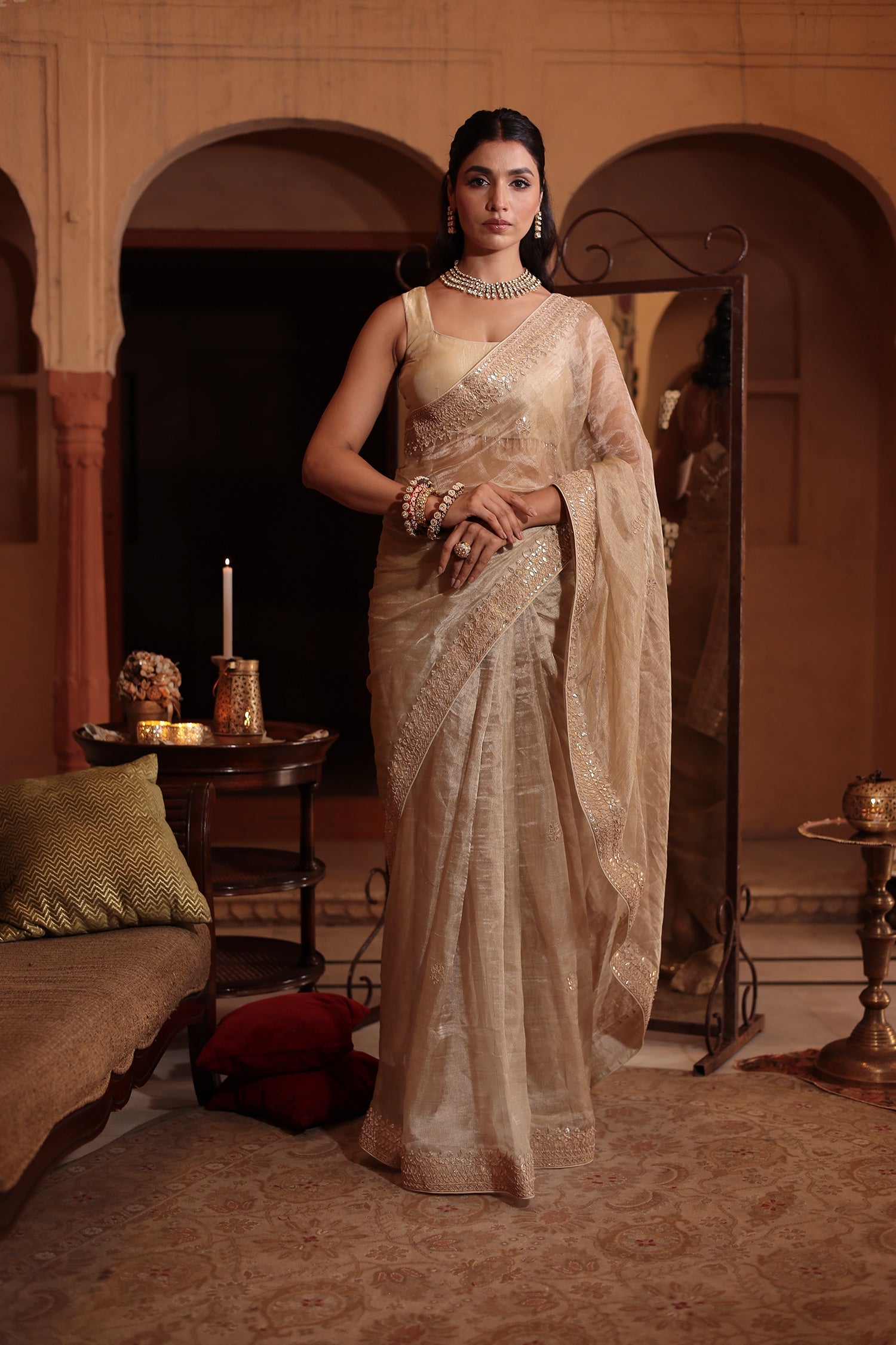 Tissue Saree Embroidered with Dori, Gota Patti and Pearl work