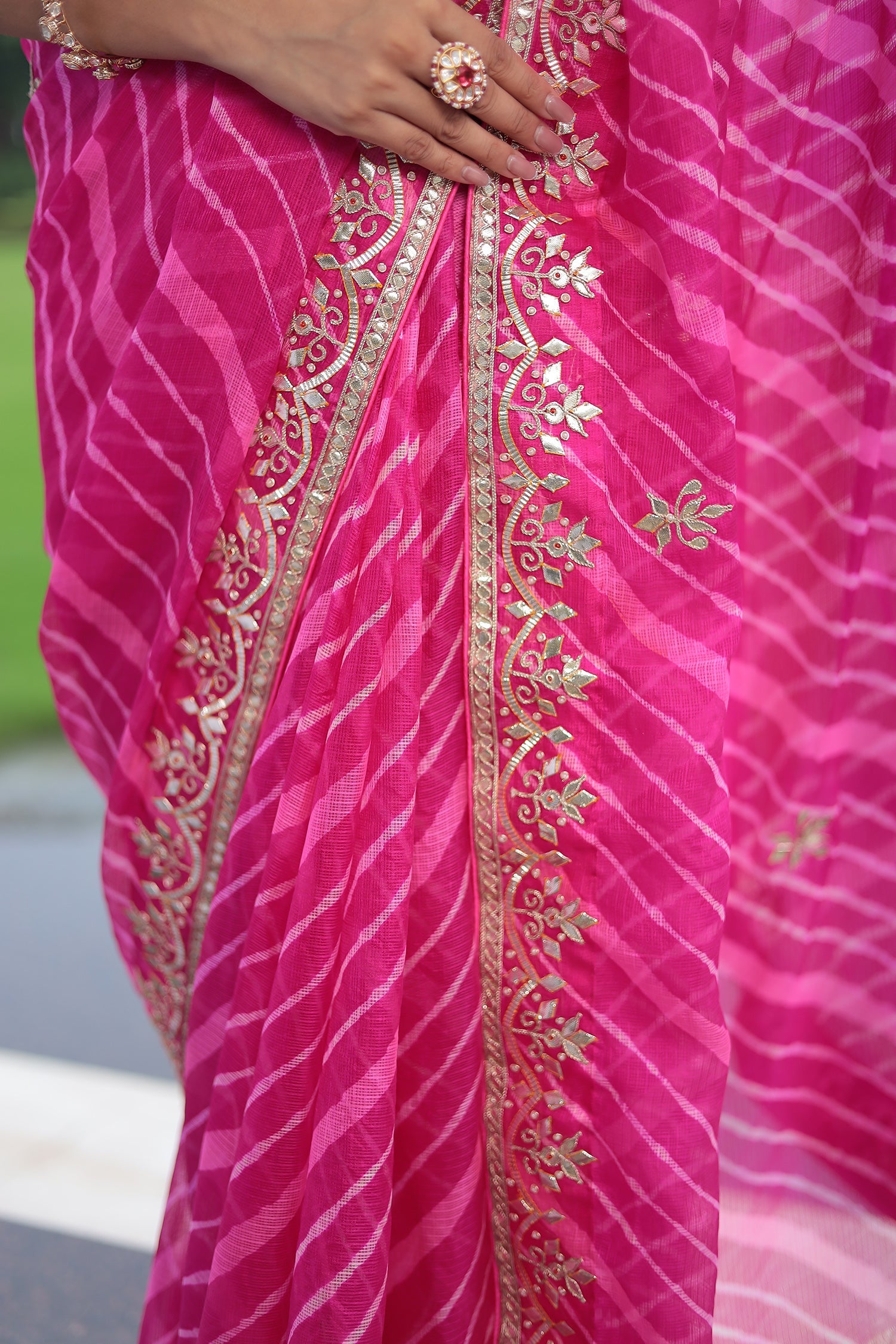 Leheriya Kota Doria Saree with Gota Patti work