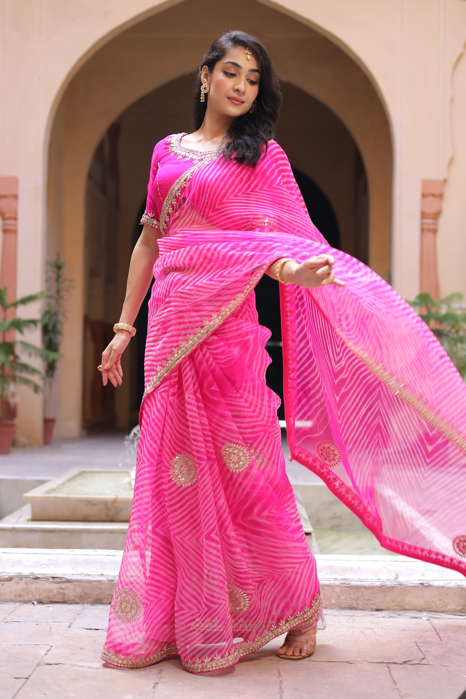 Leheriya Organza Saree with Gota Patti work