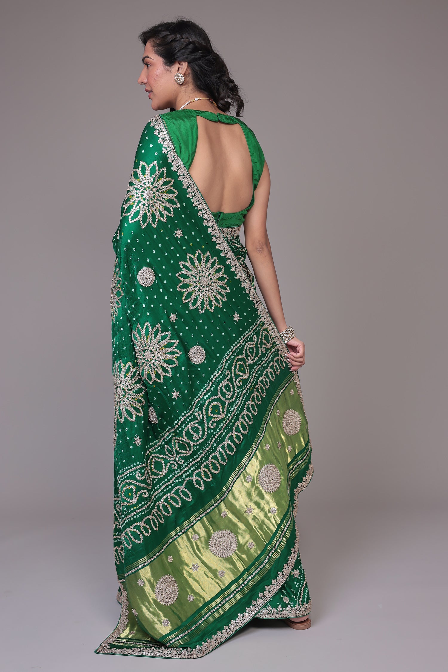 Green Bandhej Silk Embroidered Saree .