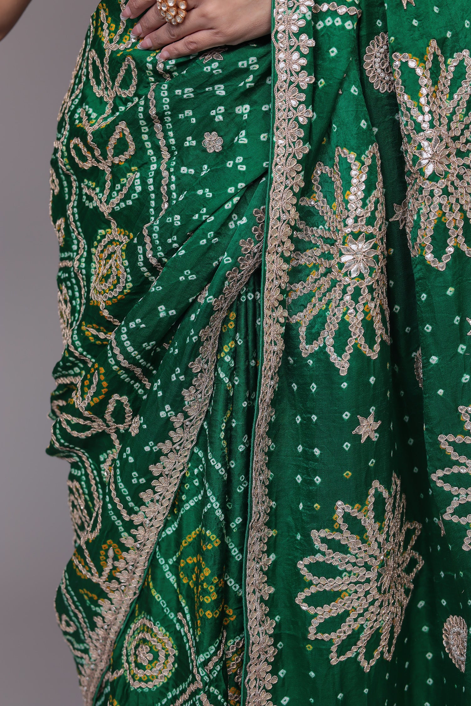 Green Bandhej Silk Embroidered Saree .