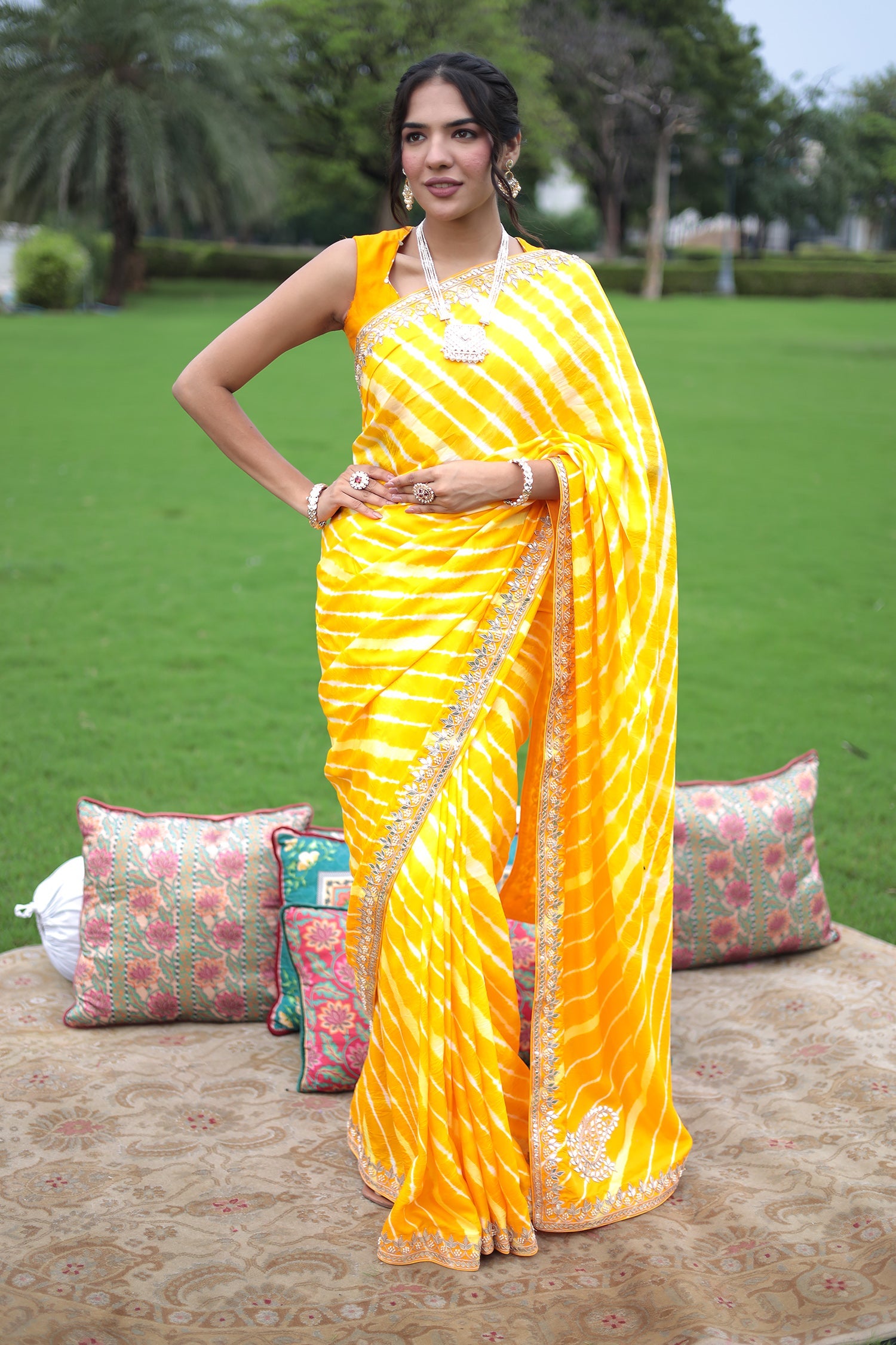 Leheriya Silk Saree with Dori and Gota Patti work