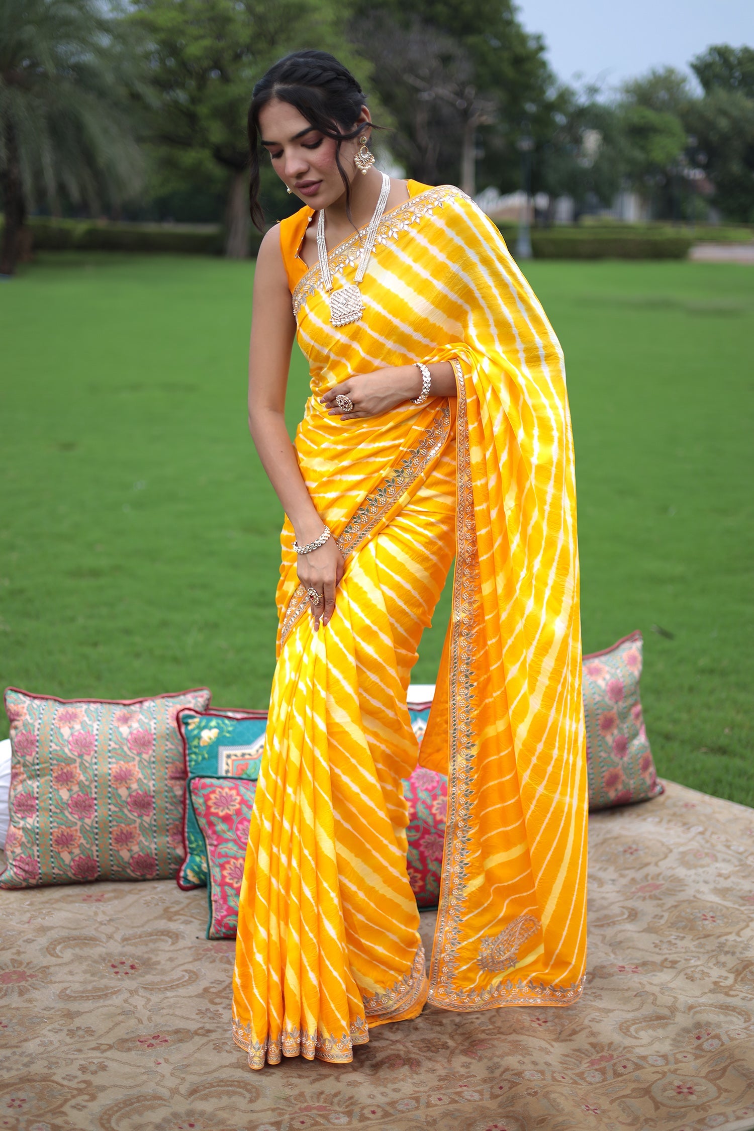 Leheriya Silk Saree with Dori and Gota Patti work