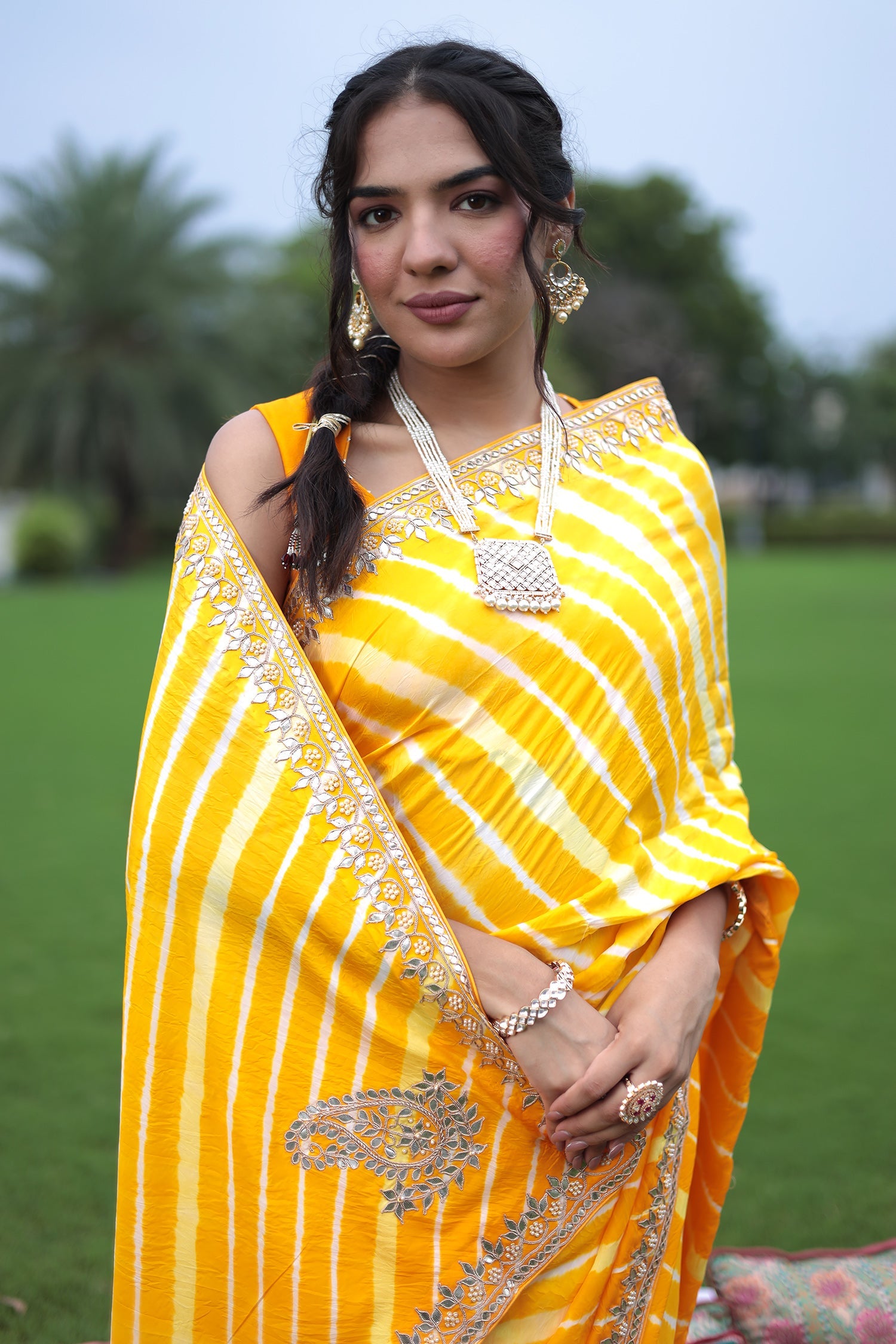 Leheriya Silk Saree with Dori and Gota Patti work