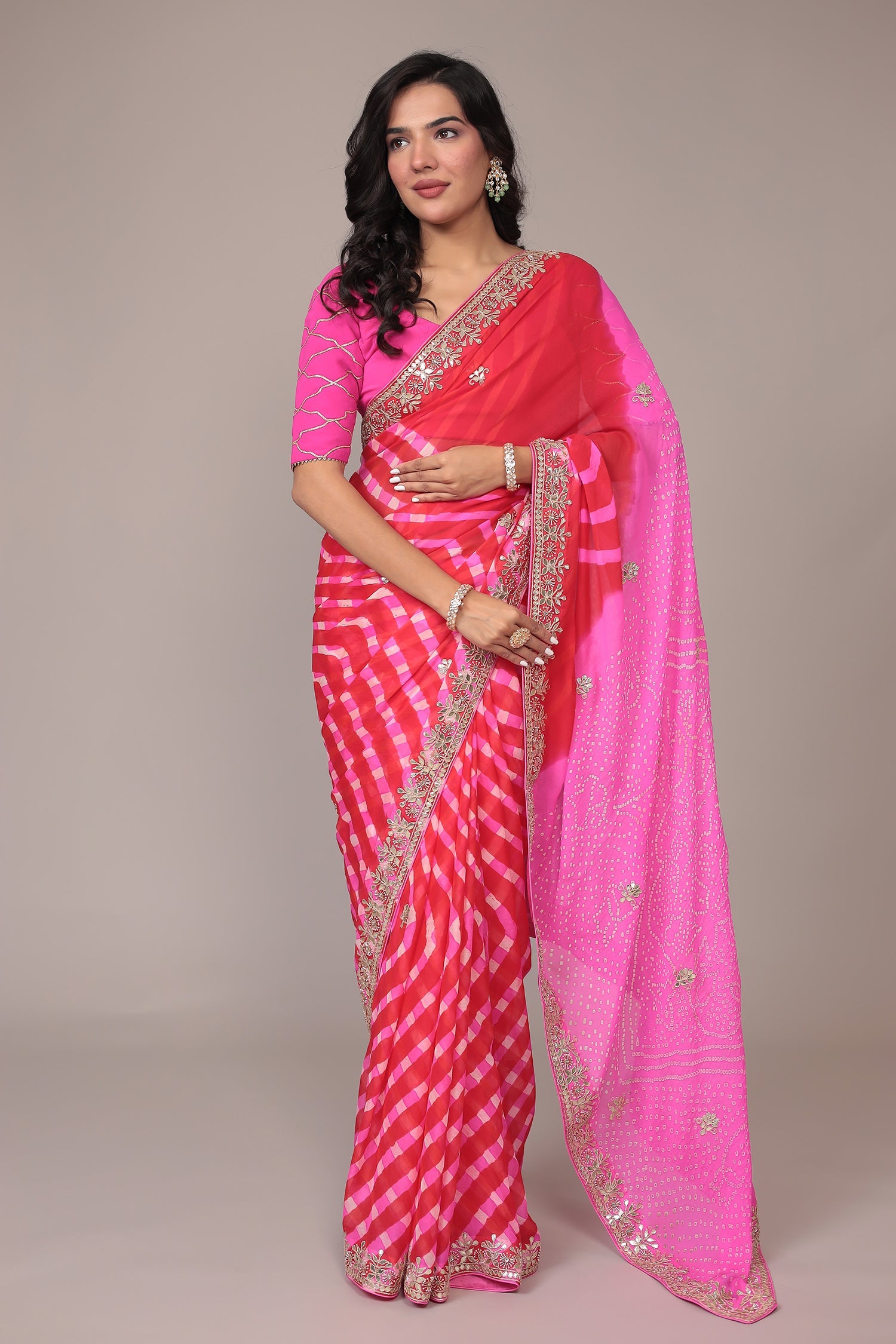 Leheriya Bandhej Georgette Saree Embellished with Gota Patti work
