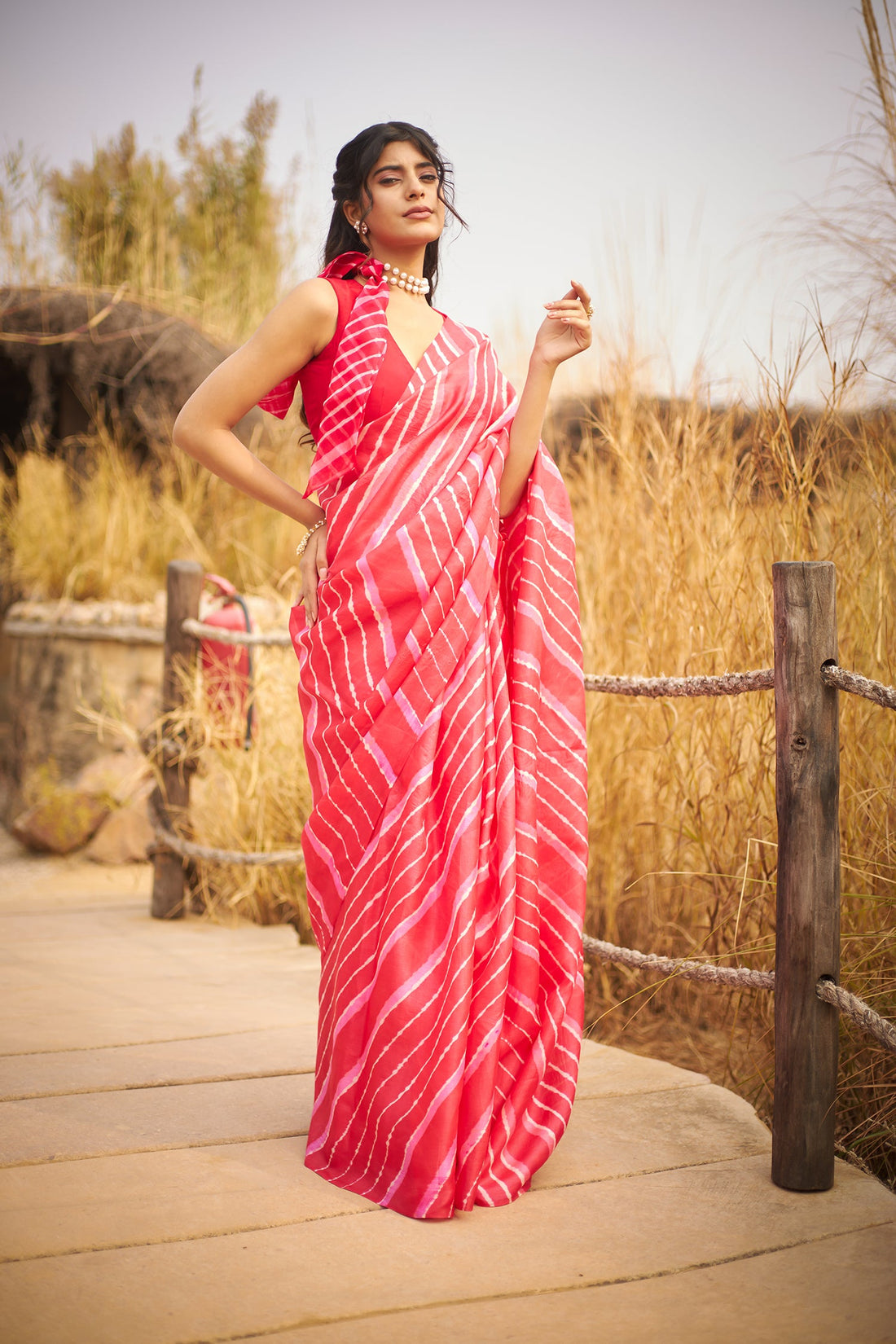 Red Tussar Silk Saree in Leheriya Print
