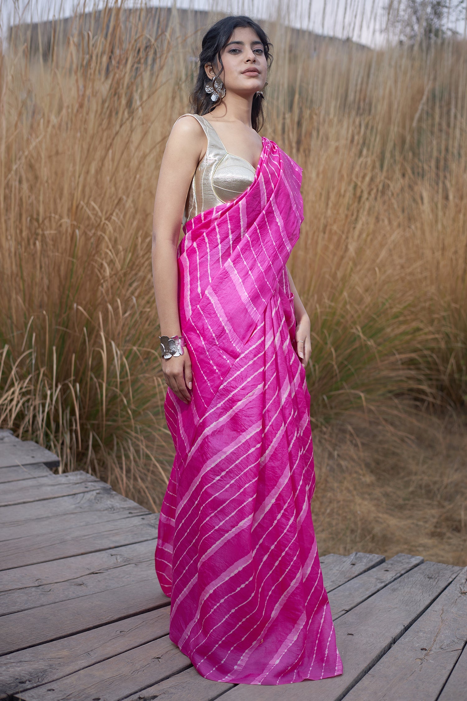 Red Tussar Silk Saree in Leheriya Print