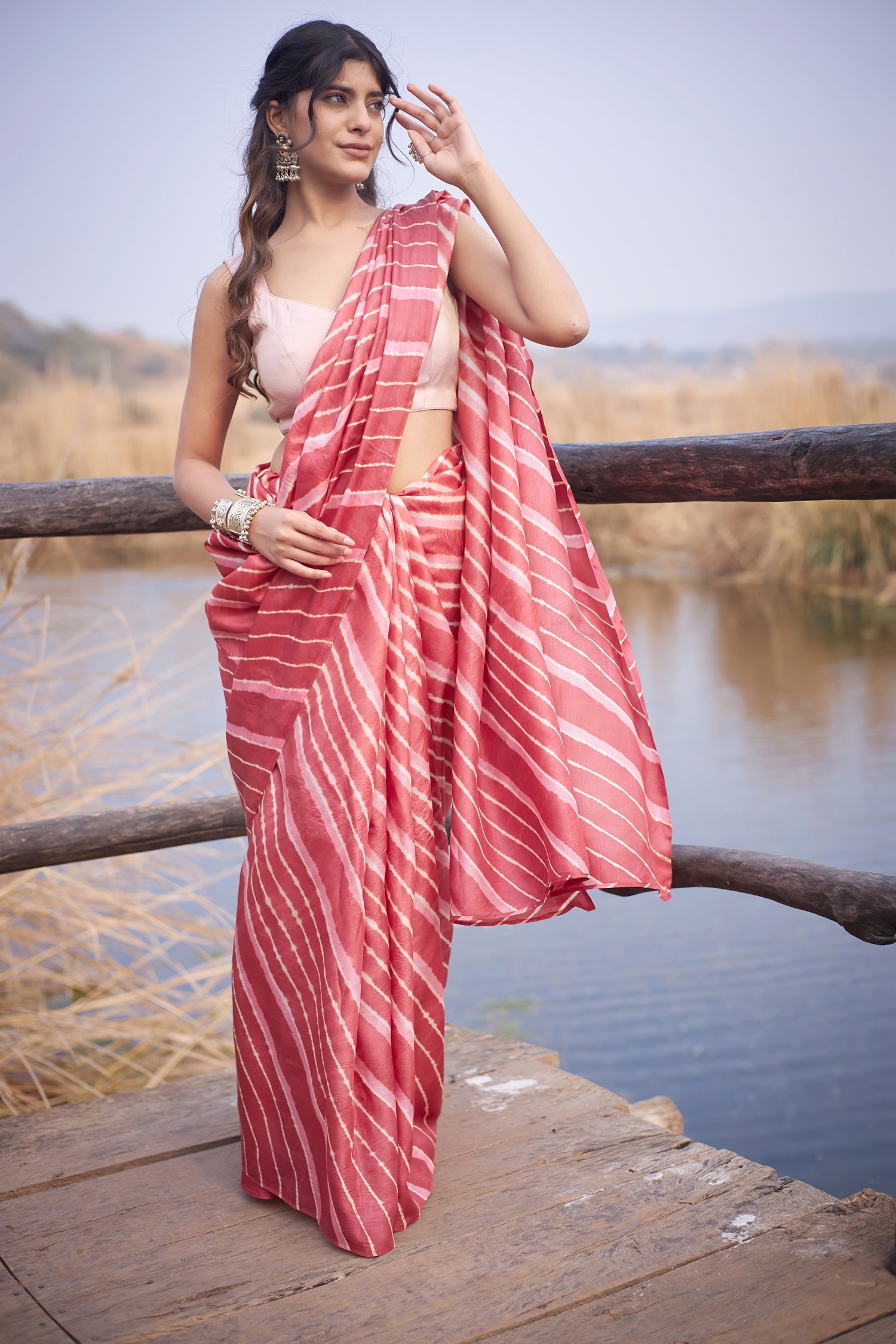 Red Tussar Silk Saree in Leheriya Print