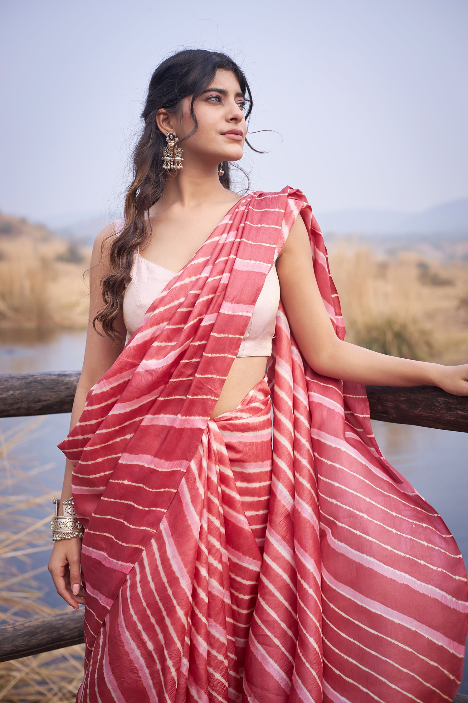 Red Tussar Silk Saree in Leheriya Print
