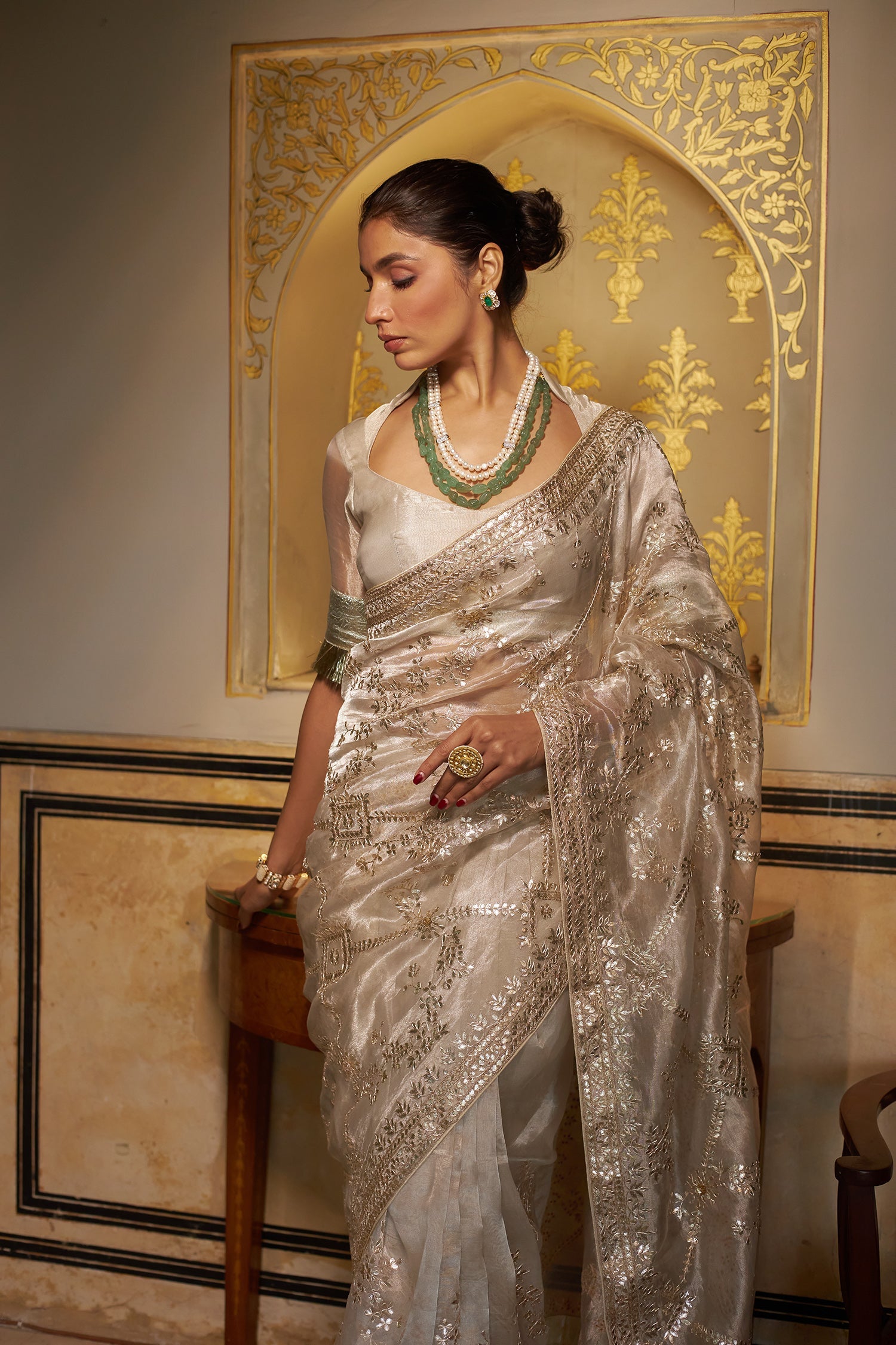 Exquisite Tissue Saree Adorned with Intricate Gota Patti Jaal work