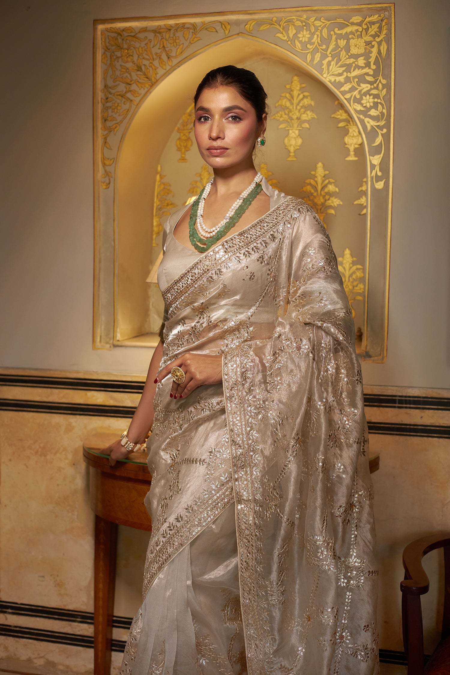 Exquisite Tissue Saree Adorned with Intricate Gota Patti Jaal work