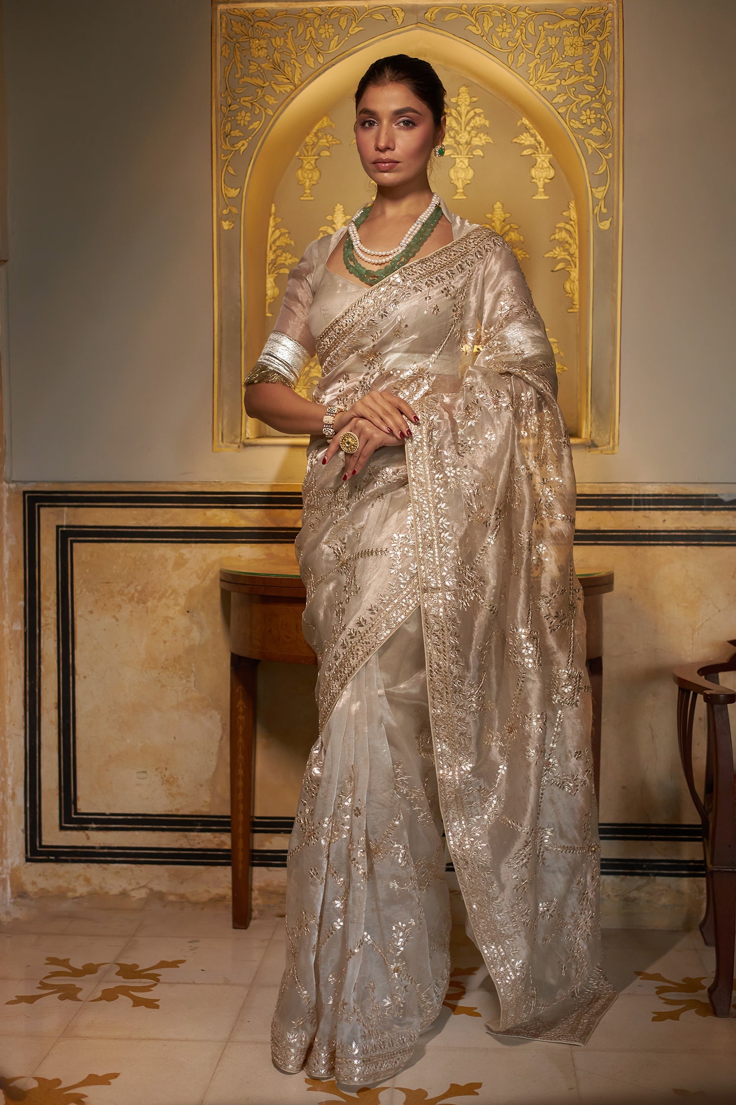 Exquisite Tissue Saree Adorned with Intricate Gota Patti Jaal work