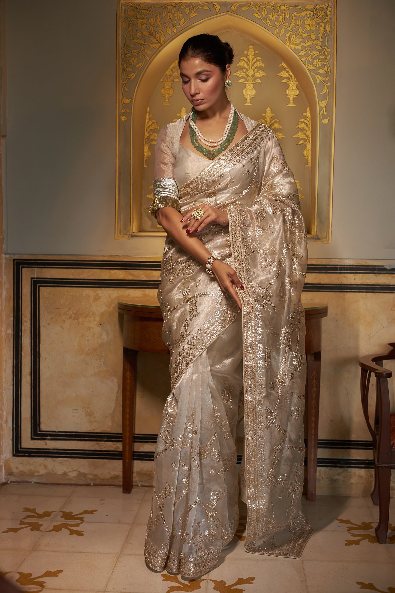 Exquisite Tissue Saree Adorned with Intricate Gota Patti Jaal work