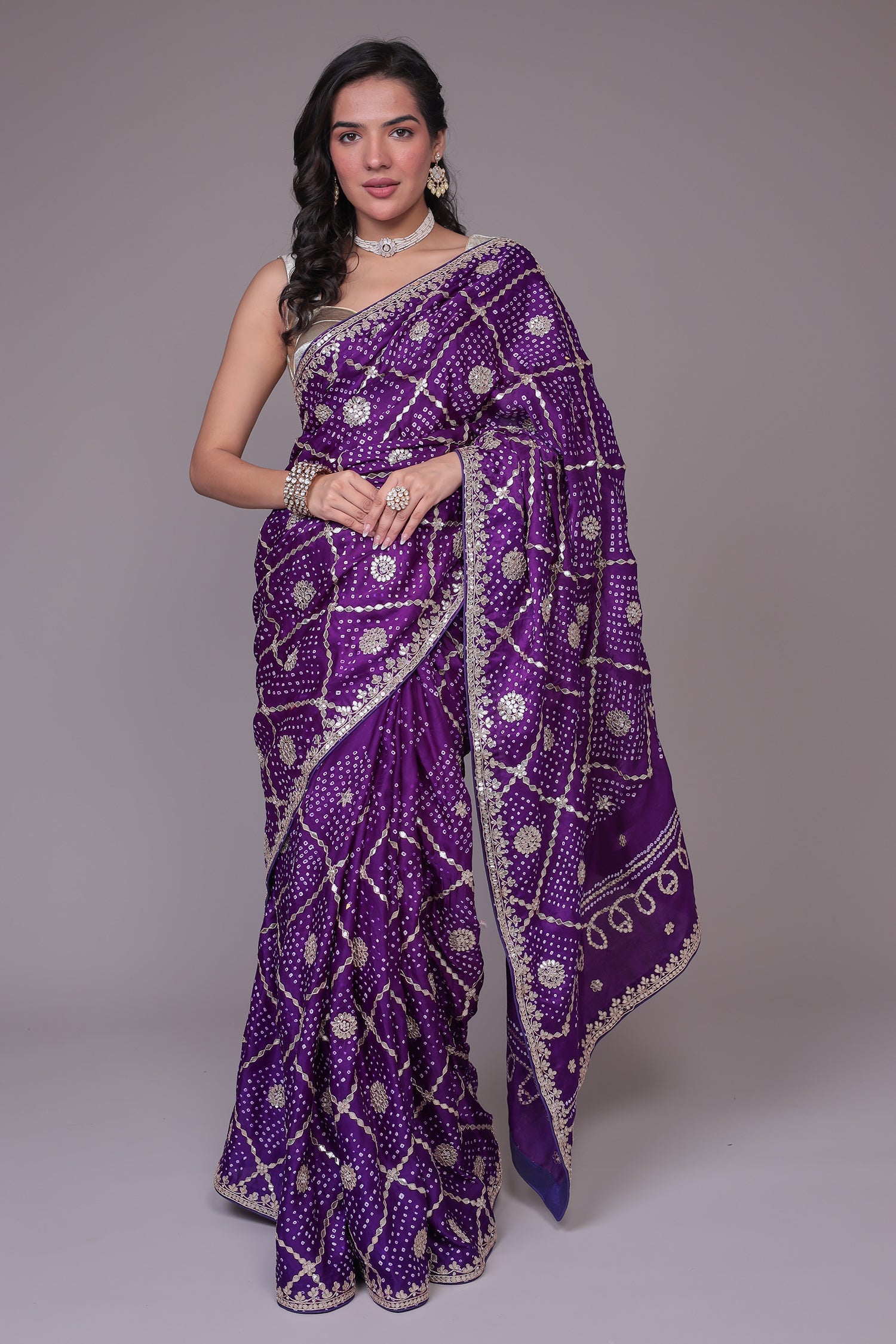 Silk Bandhej Saree with Checkered Gota Pattern.