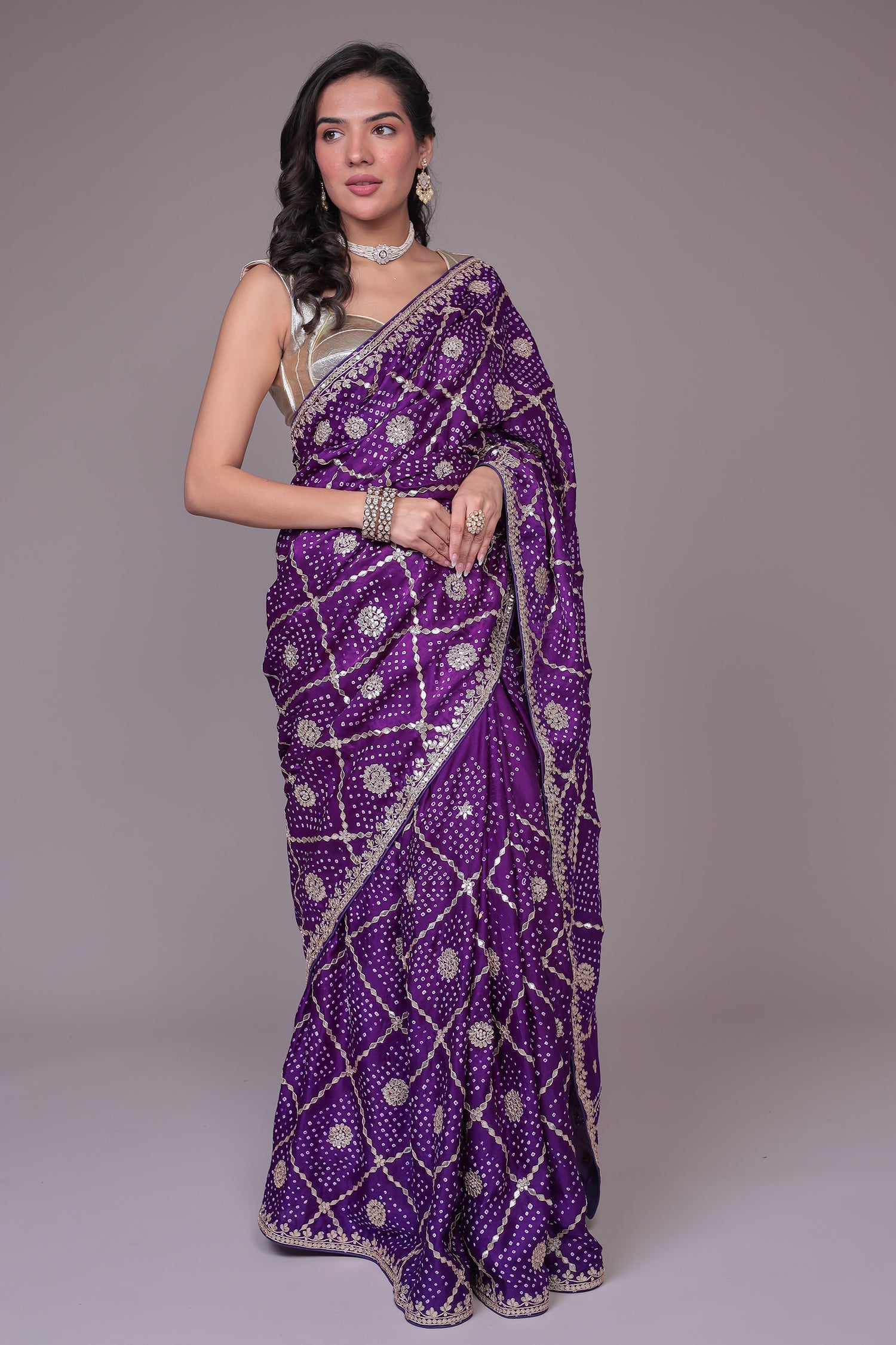 Silk Bandhej Saree with Checkered Gota Pattern.