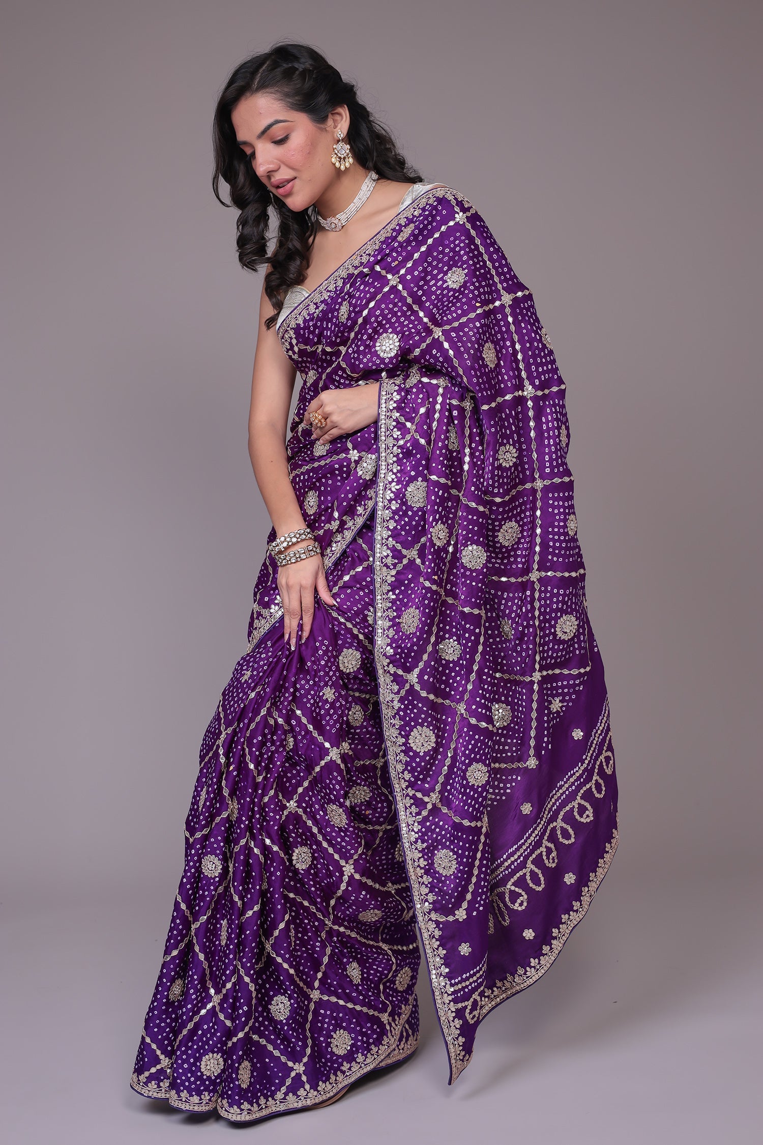 Silk Bandhej Saree with Checkered Gota Pattern.