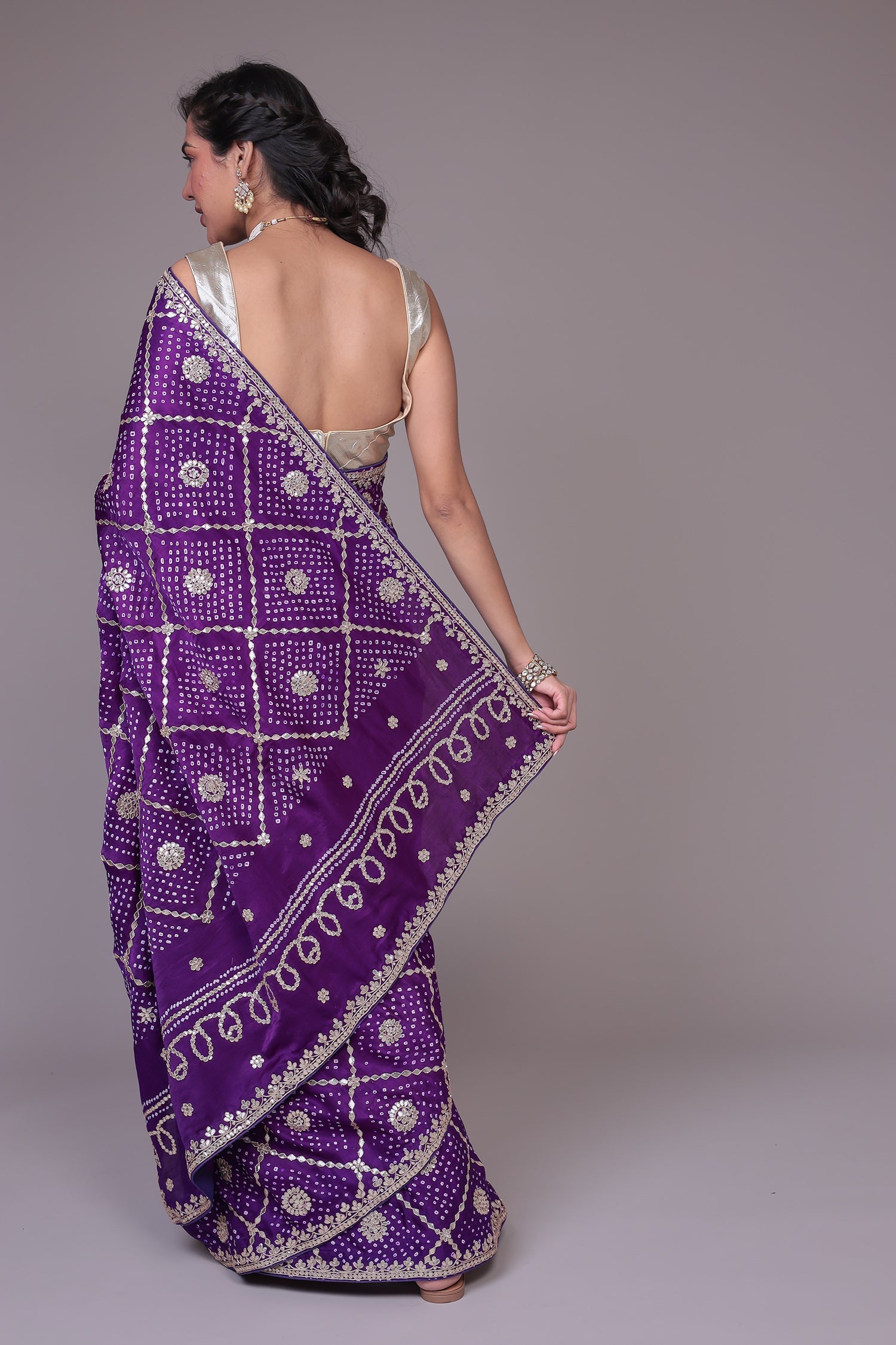 Silk Bandhej Saree with Checkered Gota Pattern.