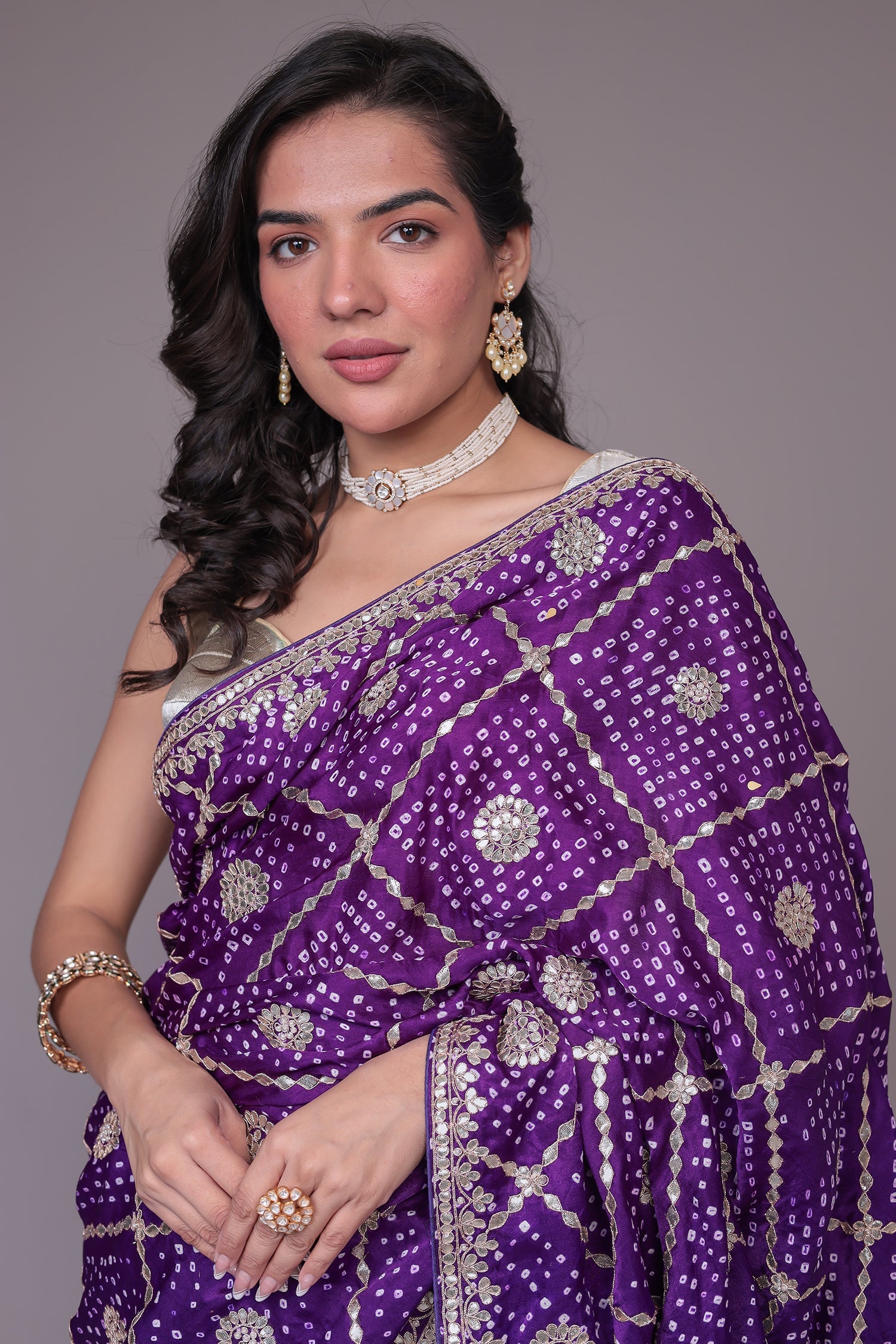 Silk Bandhej Saree with Checkered Gota Pattern.