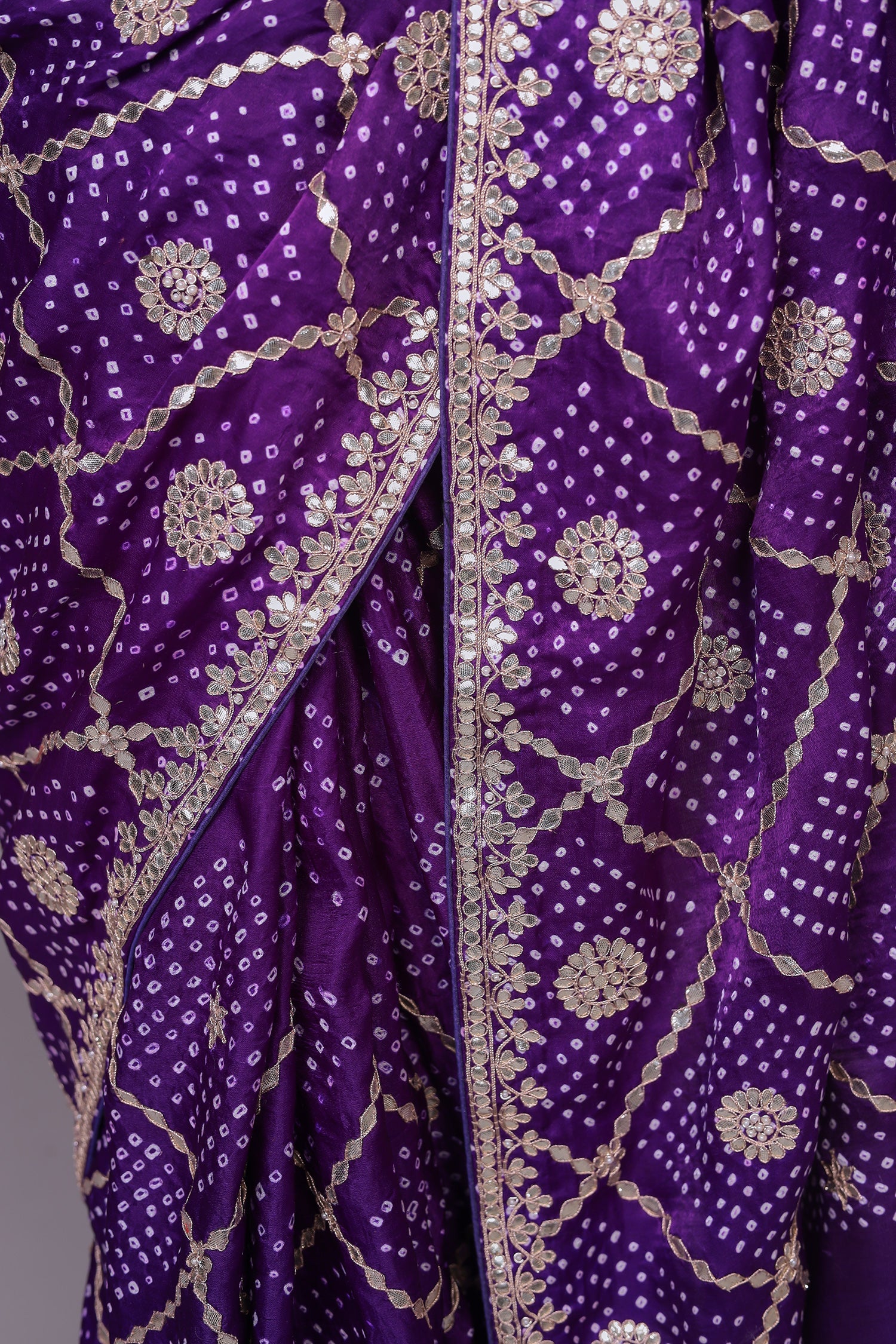 Silk Bandhej Saree with Checkered Gota Pattern.