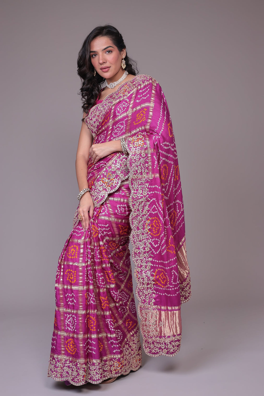 Bandhej Ghatchola Silk Saree with Gota Patti work