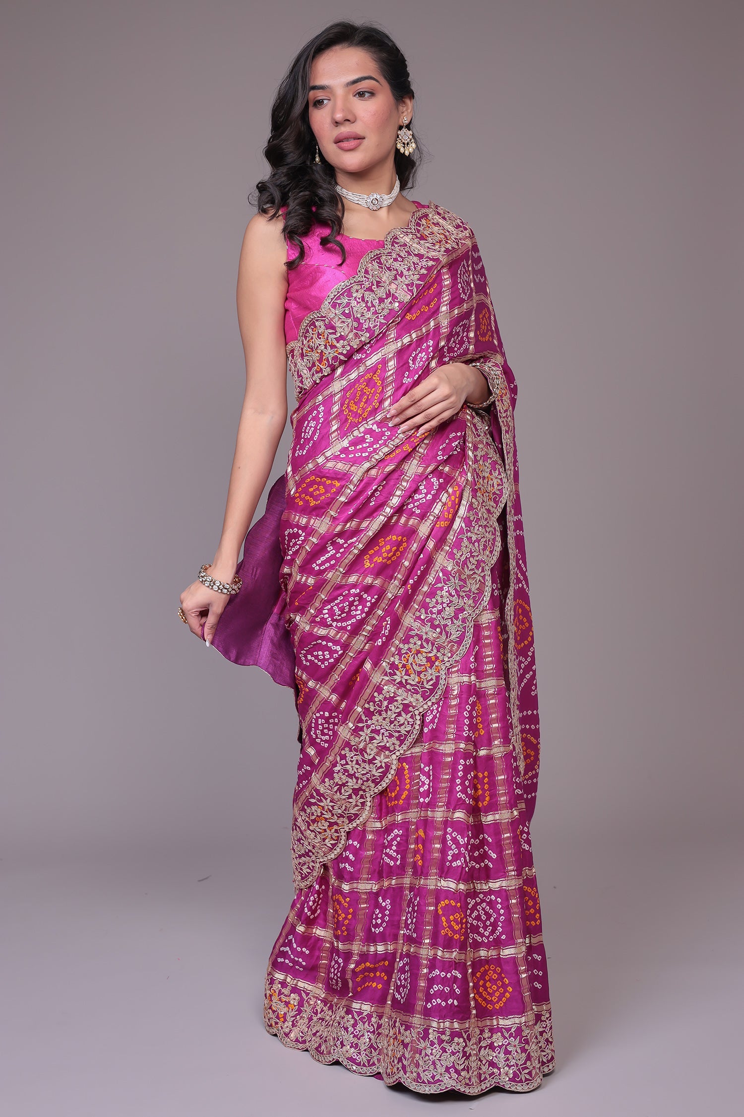 Bandhej Ghatchola Silk Saree with Gota Patti work