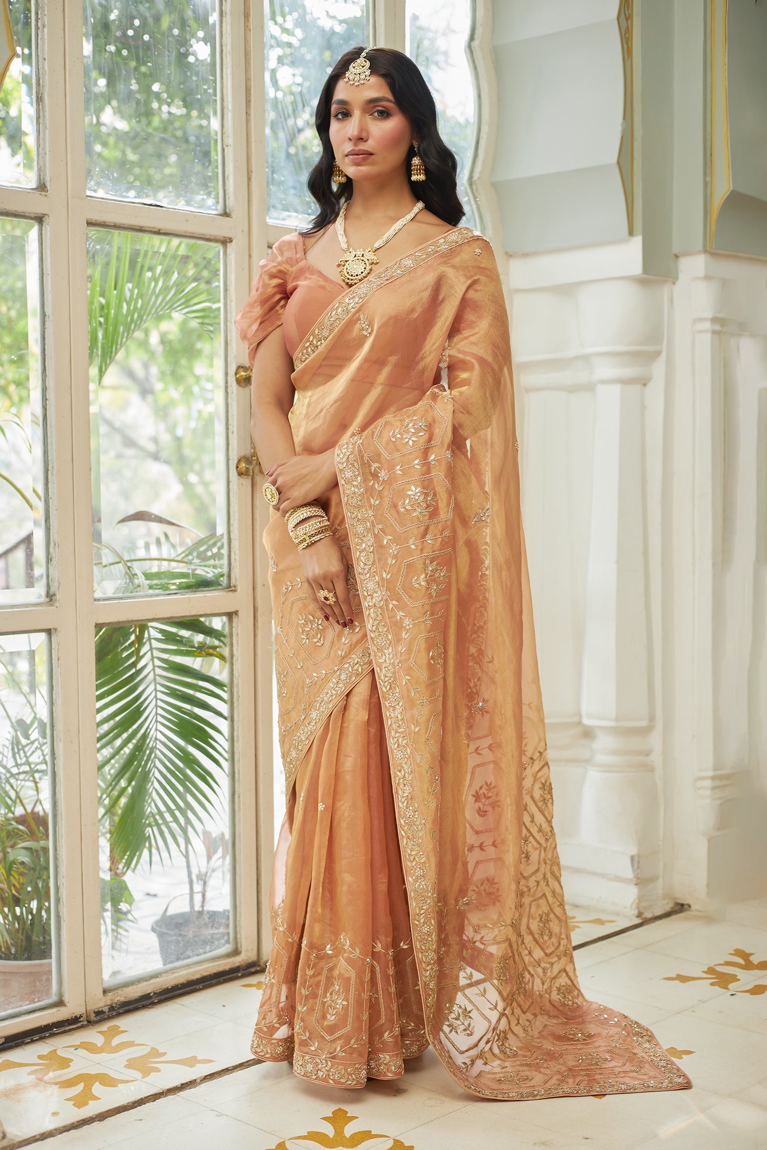 Tissue Saree with Gota & Zardozi Embroidery.