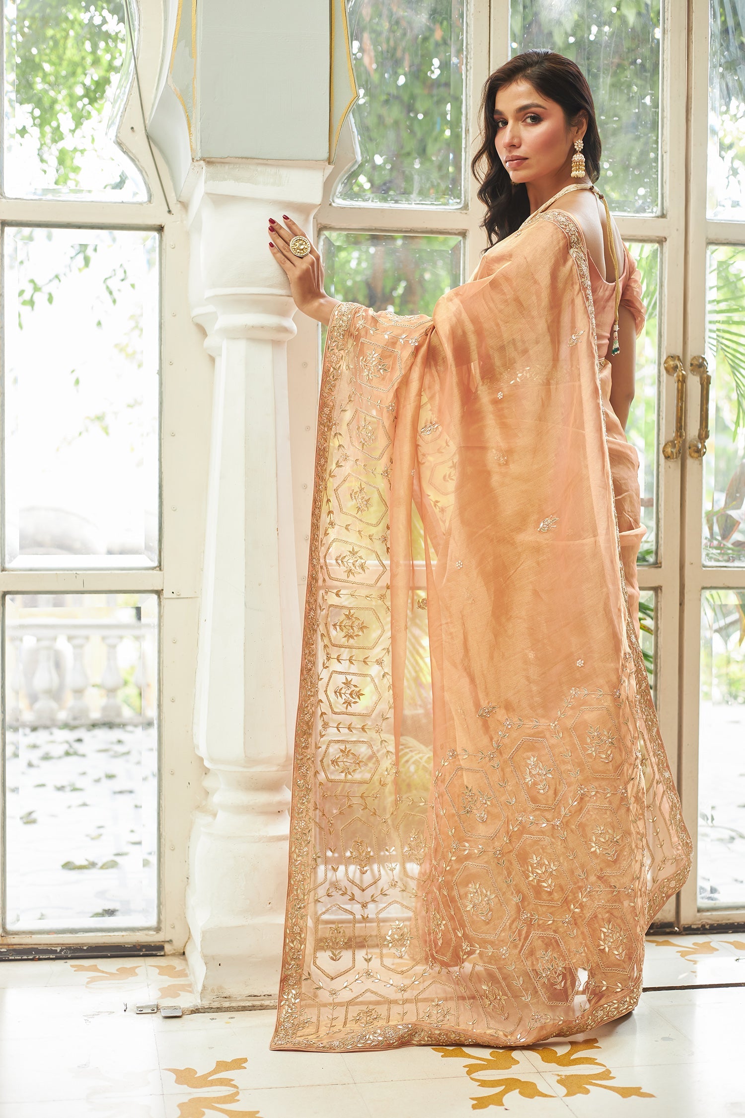 Tissue Saree with Gota & Zardozi Embroidery.