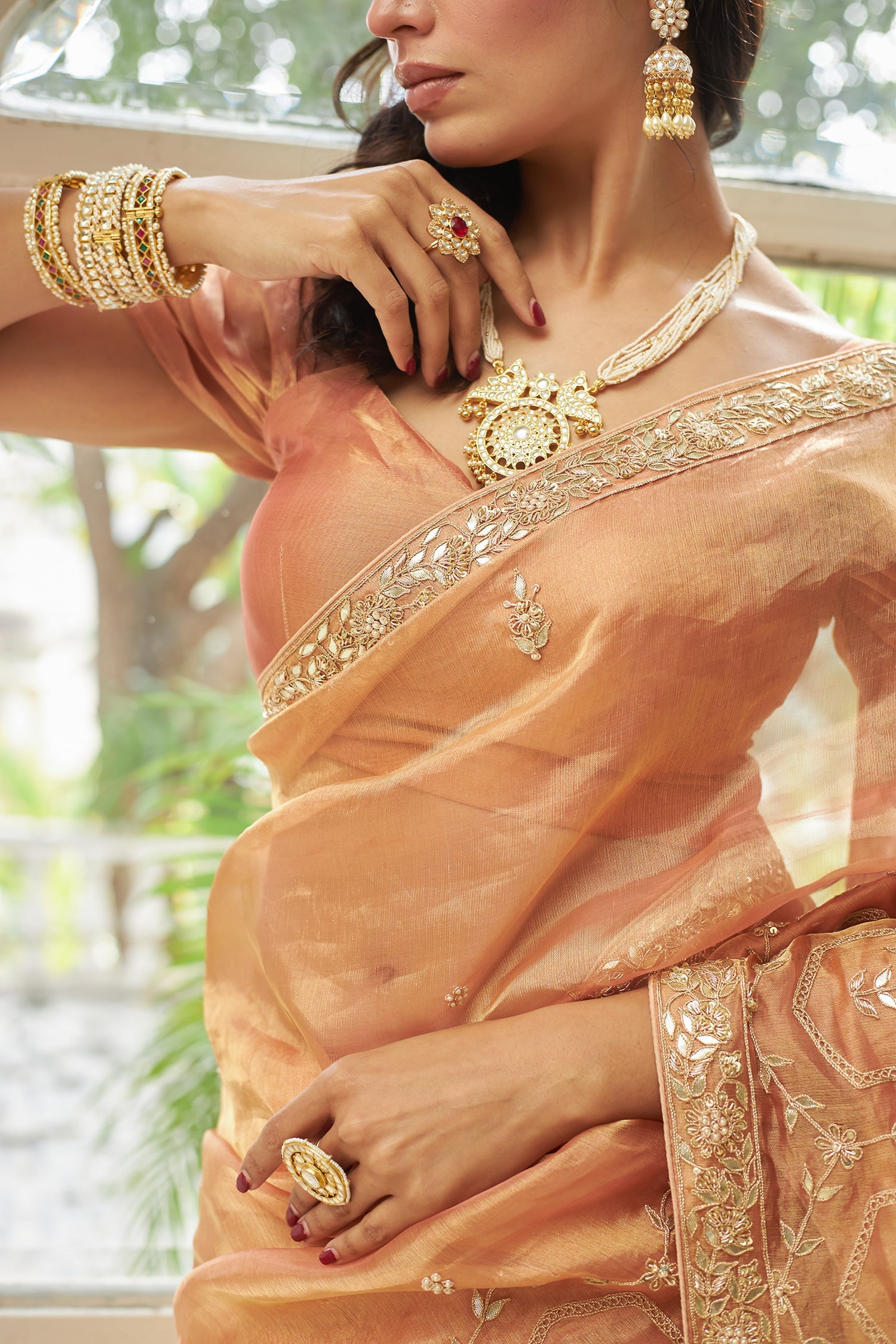 Tissue Saree with Gota & Zardozi Embroidery.