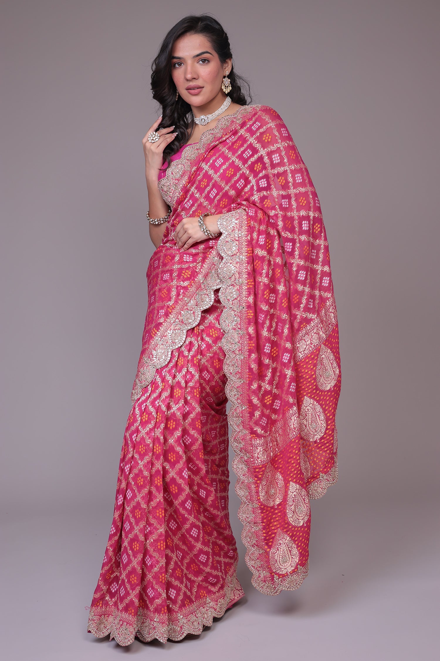 Bandhej Handloom Georgette Saree with Gota Patti work