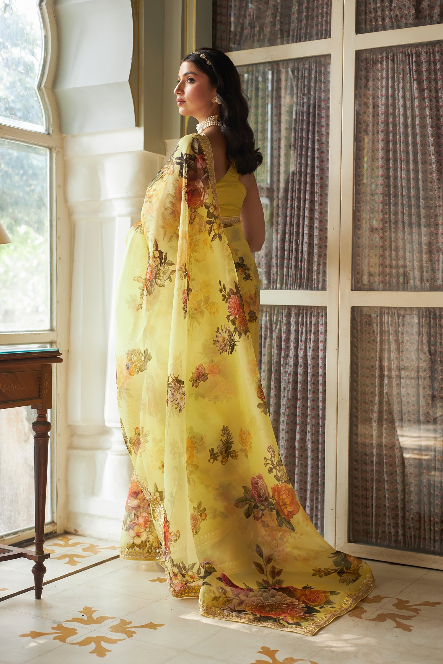 Printed Organza Saree Embellished with Gota Patti work