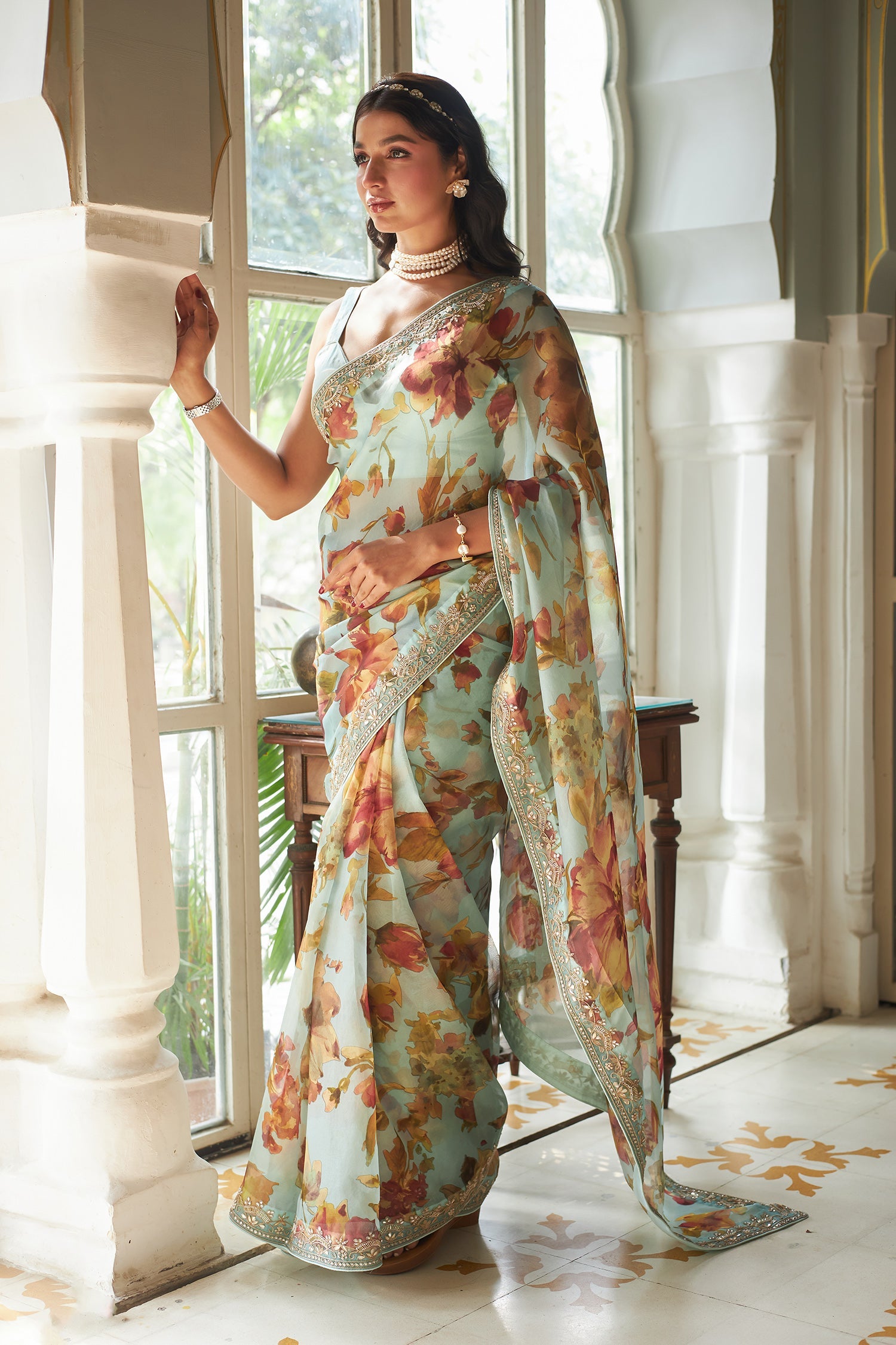 Printed Organza Saree Embellished with Gota Patti work