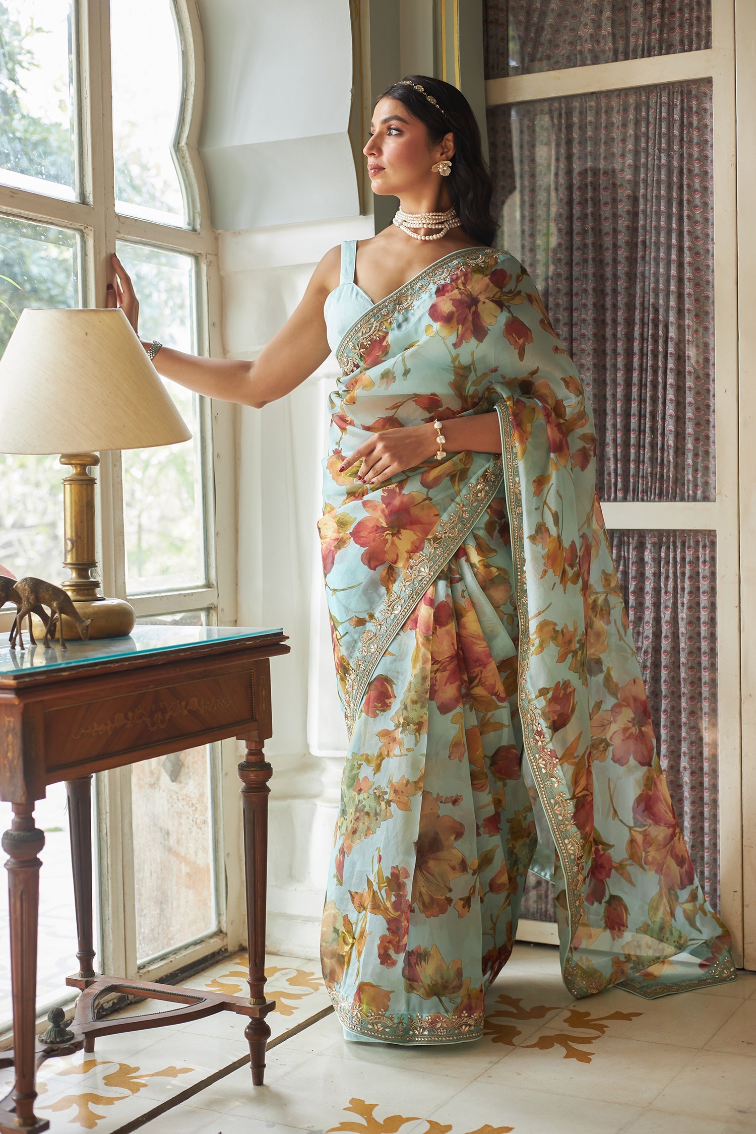 Printed Organza Saree Embellished with Gota Patti work