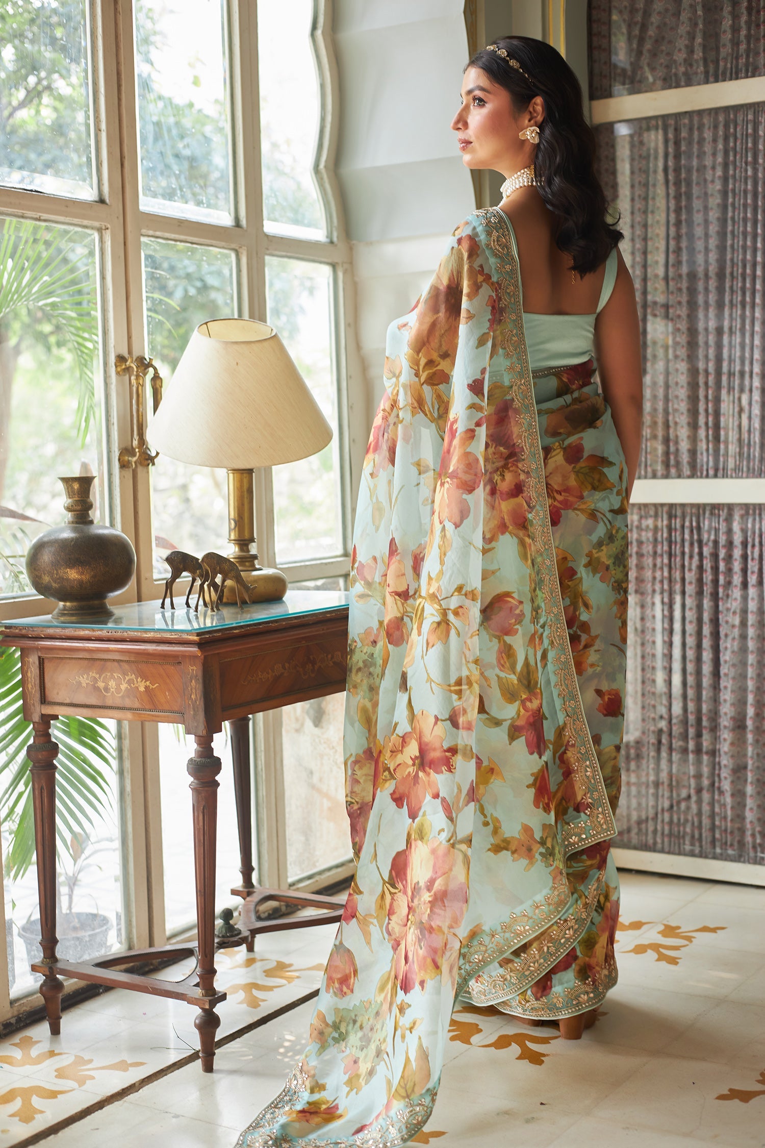 Printed Organza Saree Embellished with Gota Patti work