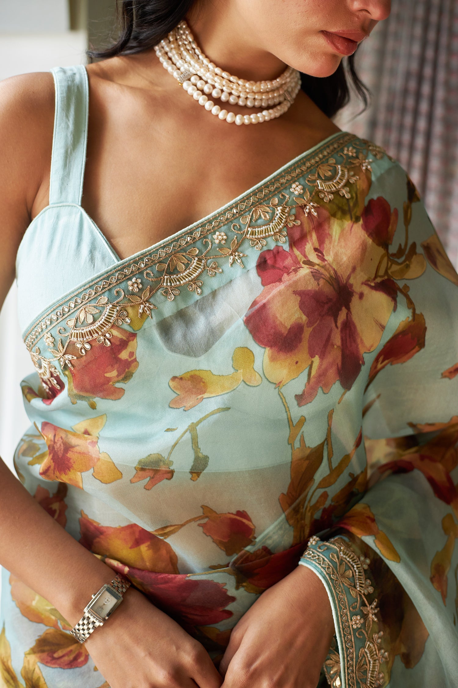 Printed Organza Saree Embellished with Gota Patti work