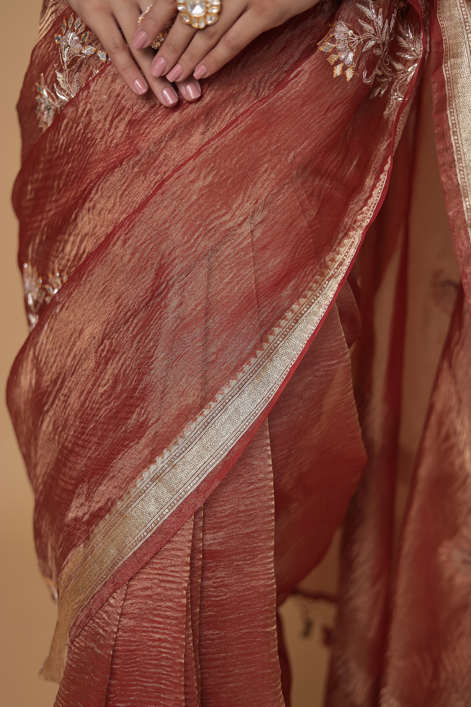 Tissue Saree with Dori, Gota Patti and Zardozi work