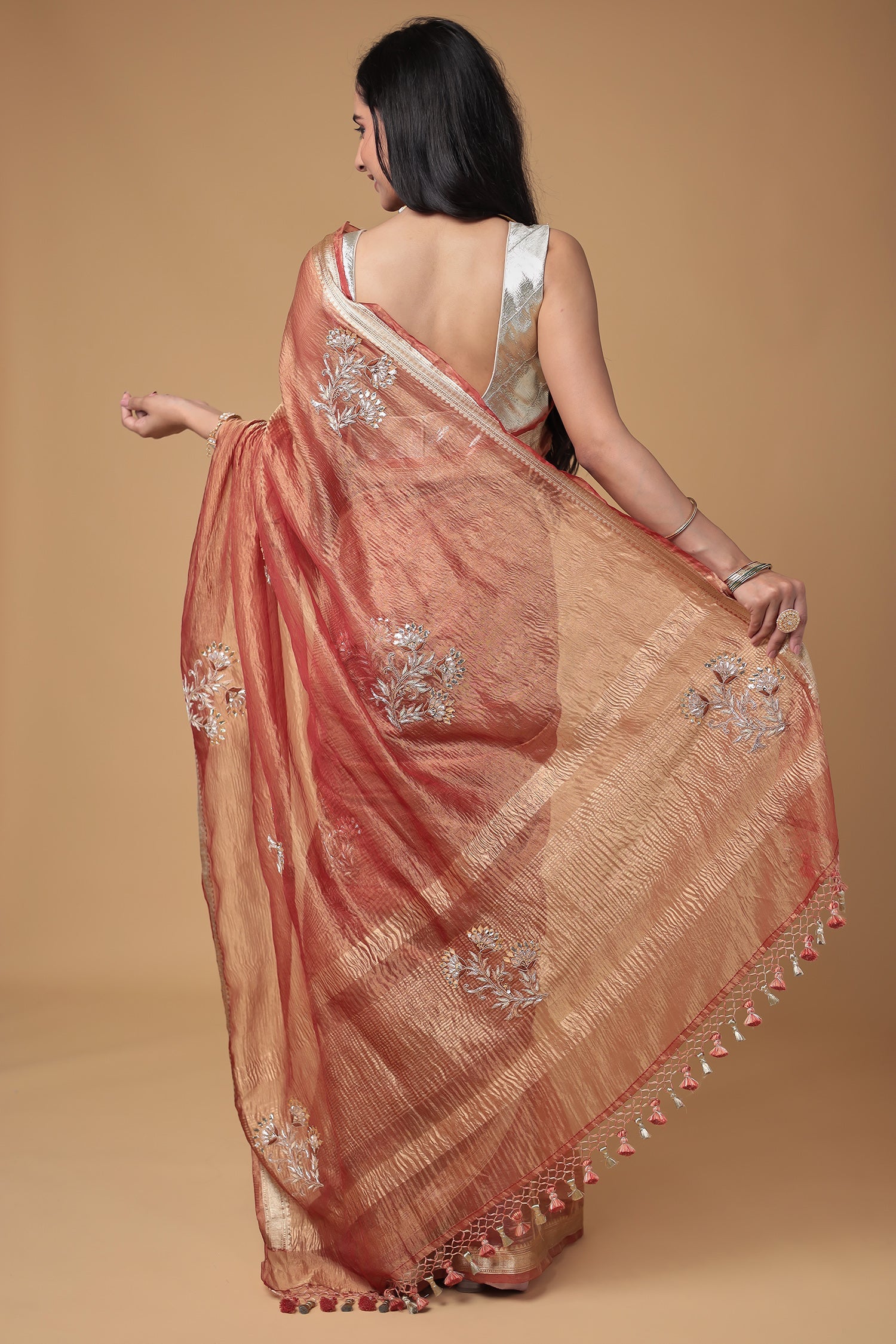 Tissue Saree with Dori, Gota Patti and Zardozi work