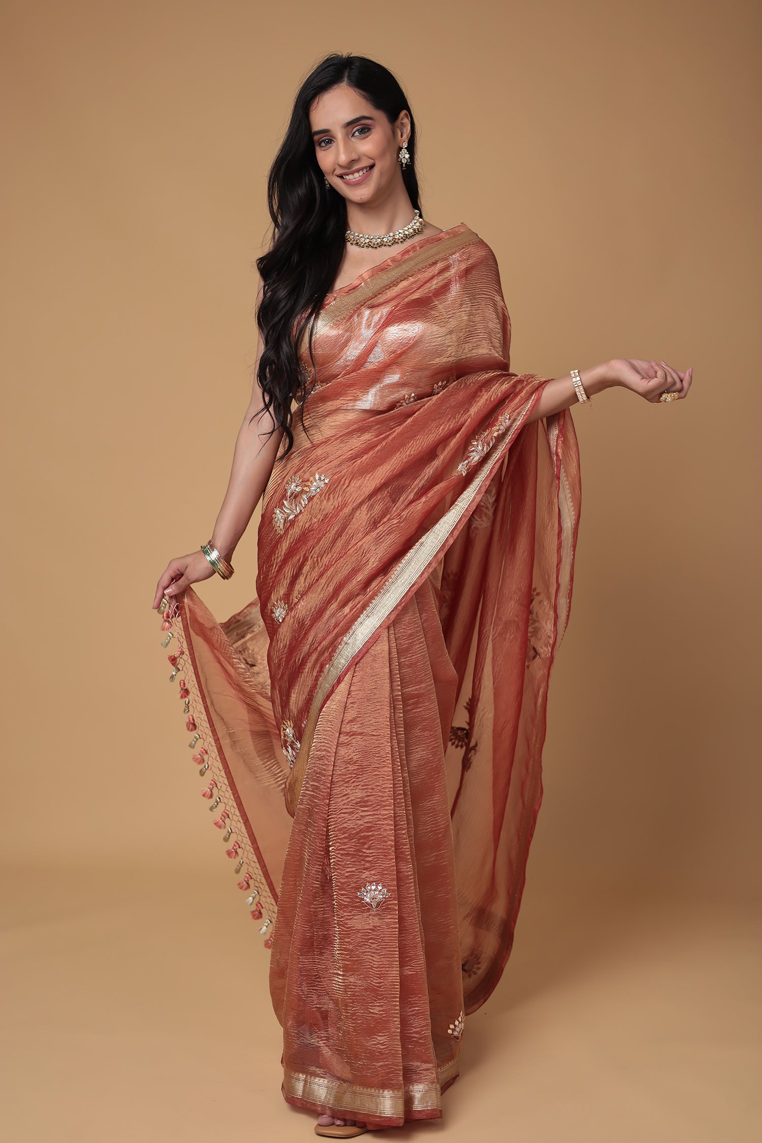 Tissue Saree with Dori, Gota Patti and Zardozi work