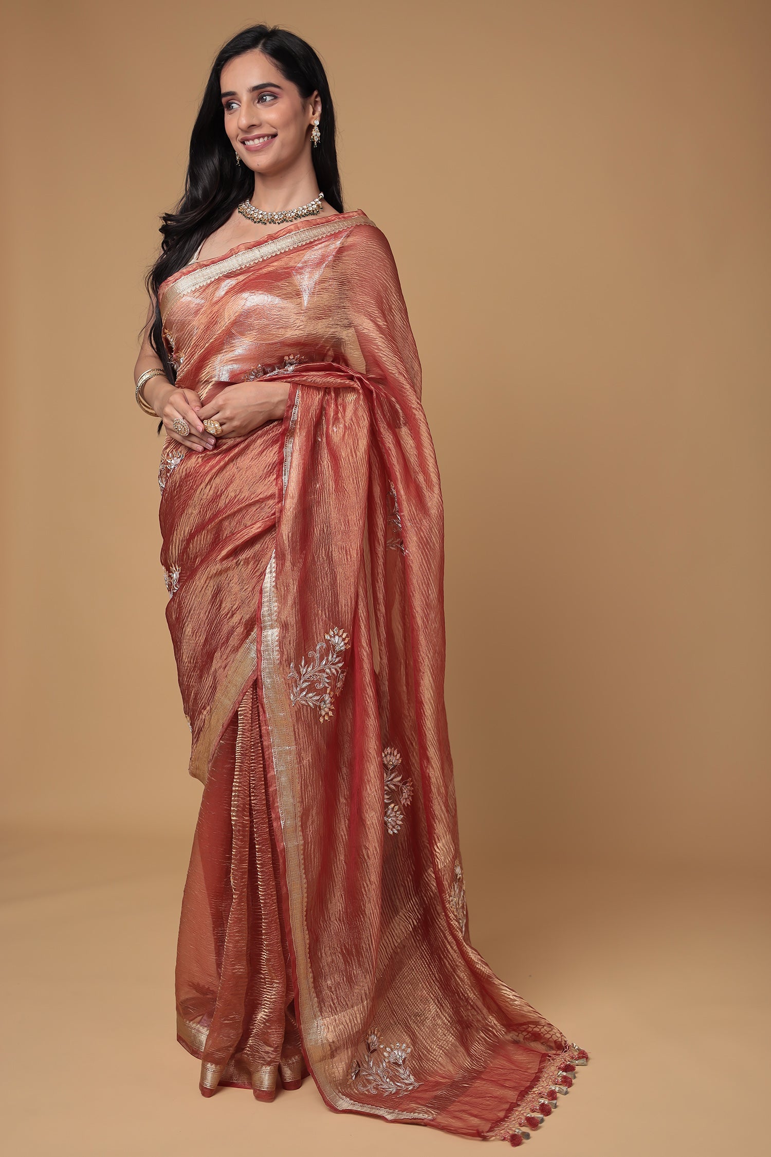 Tissue Saree with Dori, Gota Patti and Zardozi work