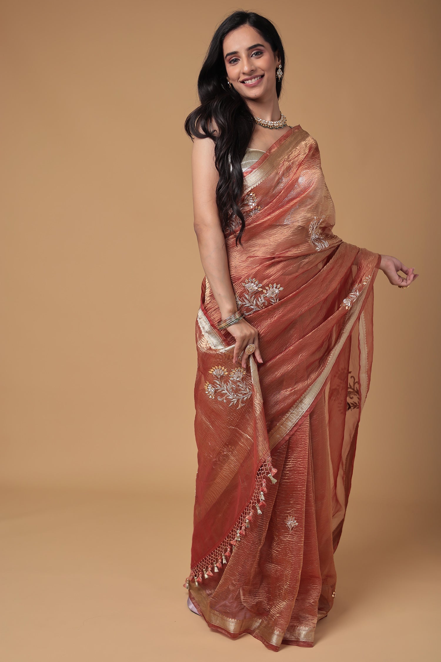 Tissue Saree with Dori, Gota Patti and Zardozi work