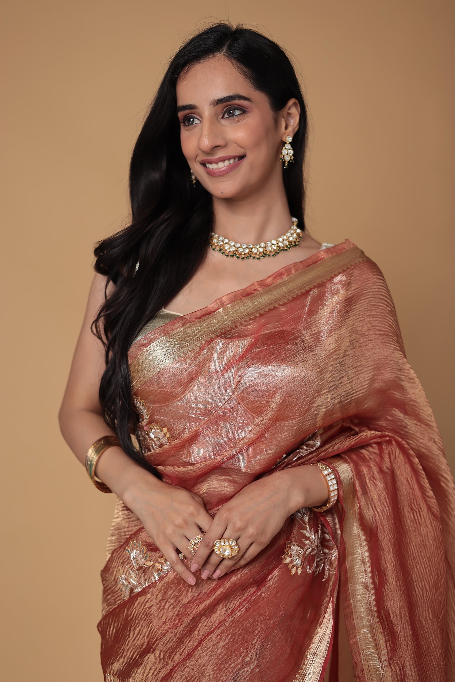 Tissue Saree with Dori, Gota Patti and Zardozi work