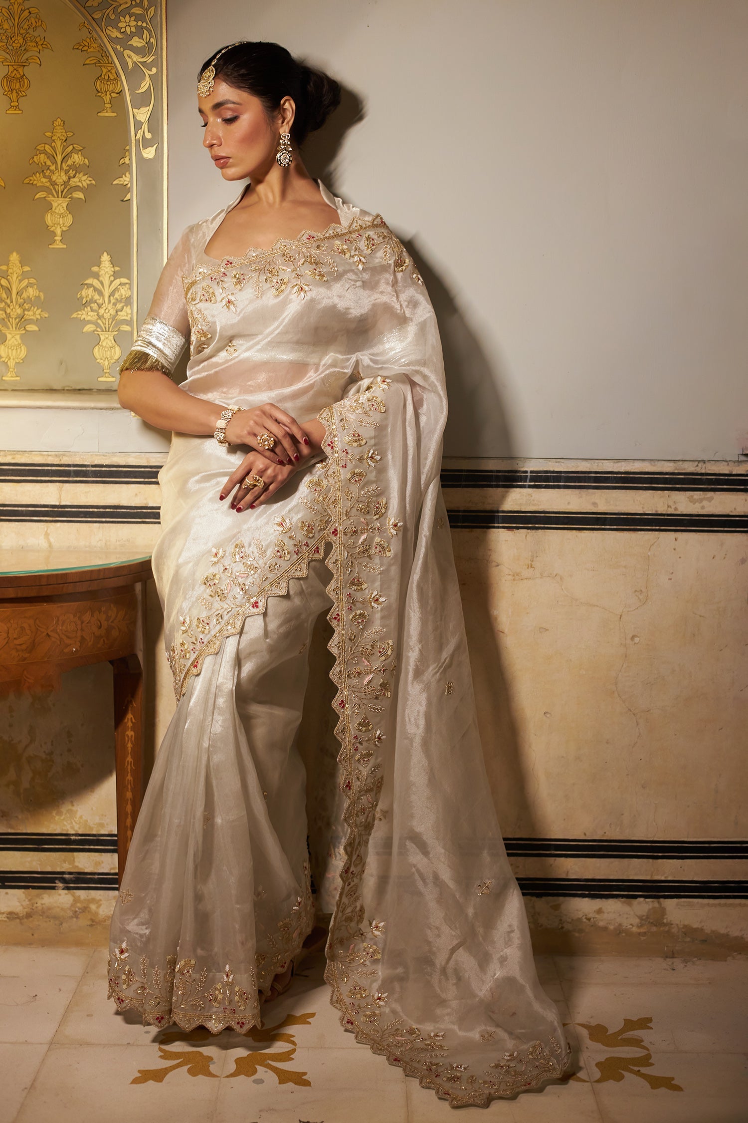 Tissue Saree with Gota Patti and Zardozi work