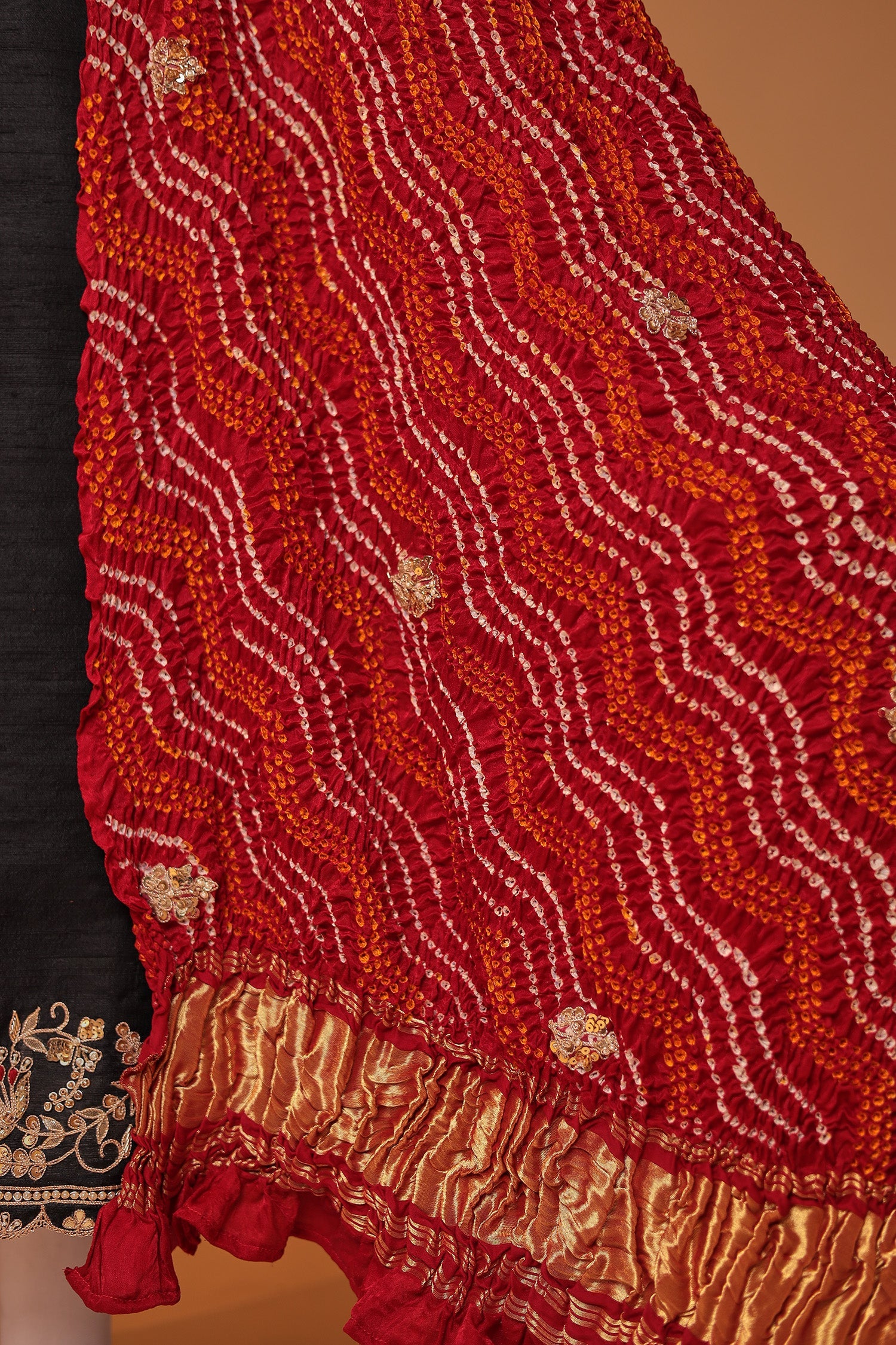 Bandhej Silk Unstitched Suit with Gota Patti, Thread and Zardozi work