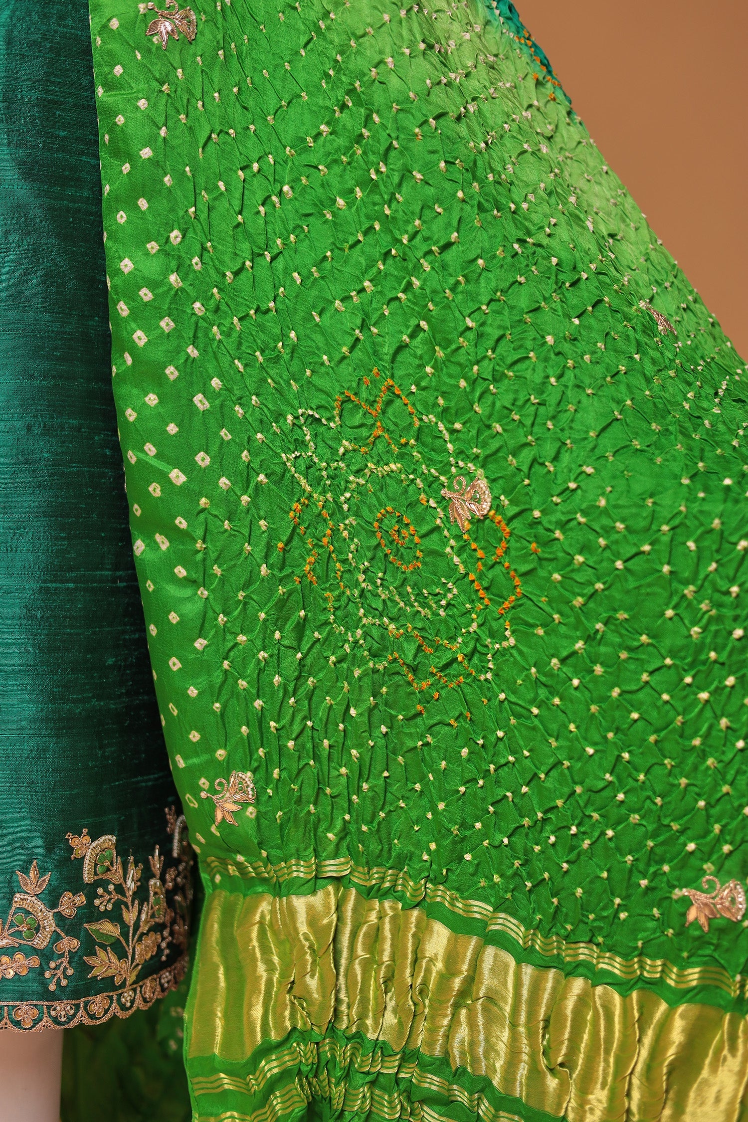 Bandhej Silk Unstitched Suit with Gota Patti, Thread and Zardozi work