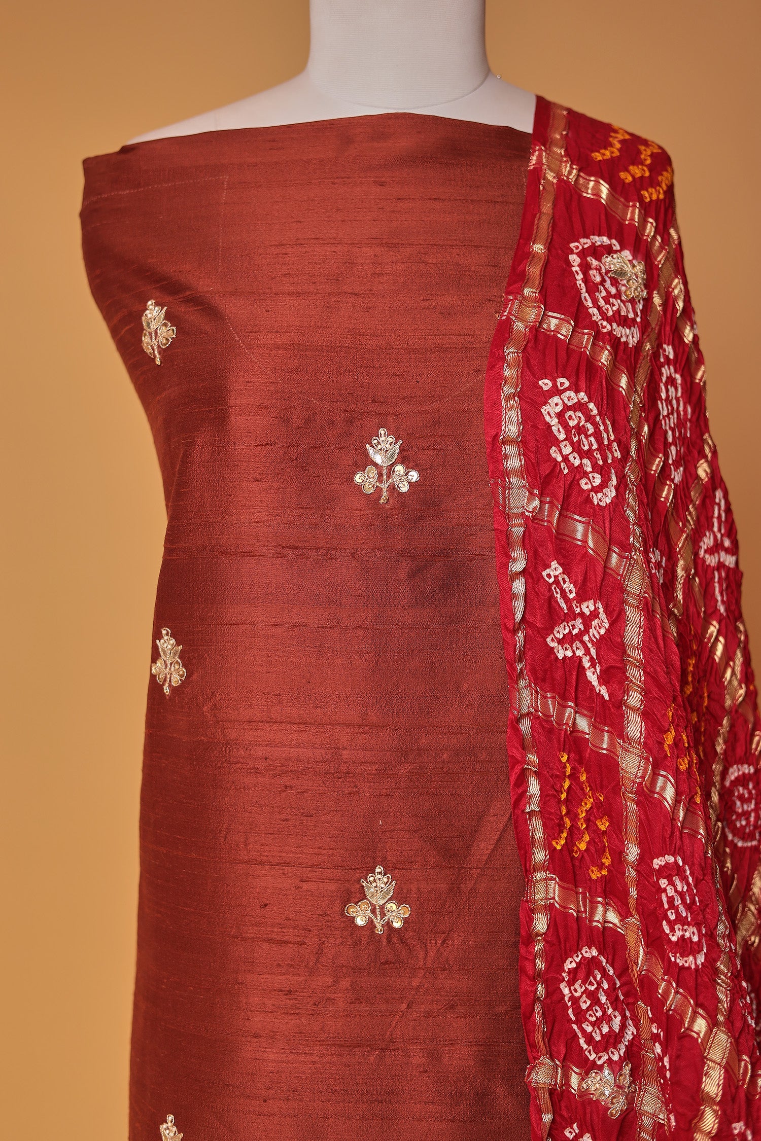 Bandhej Silk Unstitched Suit with Gota Patti, Thread and Zardozi work